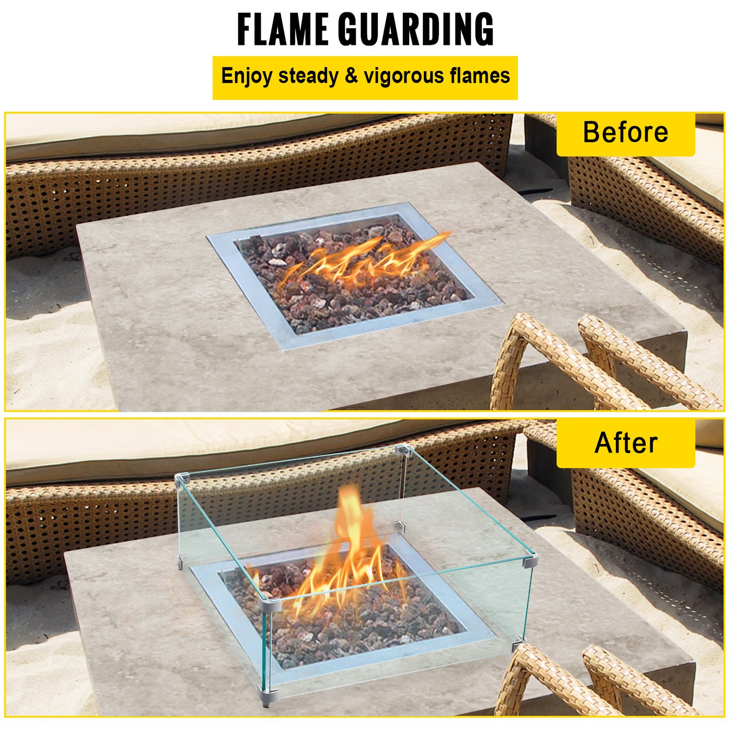 VEVOR Fire Pit Wind Guard, 14 x 14 x 6 Inch Glass Wind Guard, Rectangular Glass Shield, 0.3" Thick Fire Table, Clear Tempered Glass Flame Guard, Steady Feet Tree Pit Guard for Propane, Gas, Outdoor