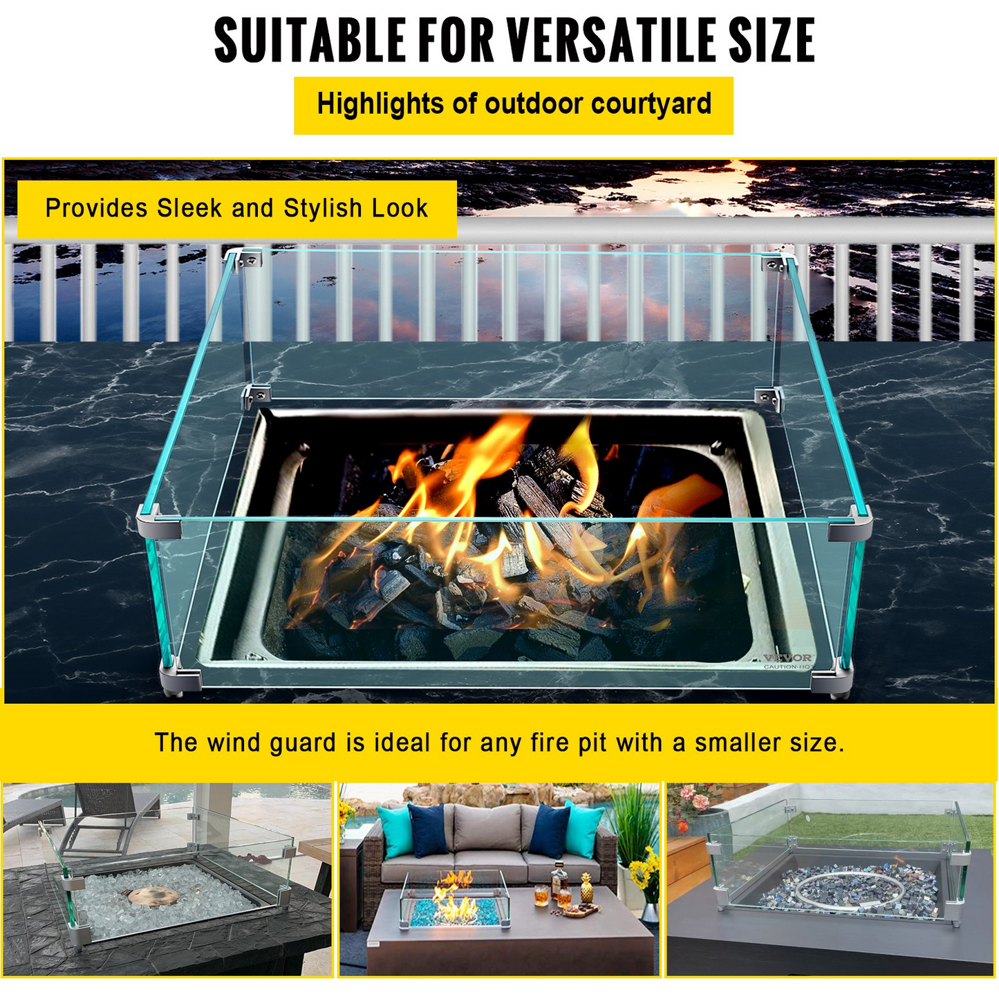 VEVOR Fire Pit Wind Guard, 14 x 14 x 6 Inch Glass Wind Guard, Rectangular Glass Shield, 0.3" Thick Fire Table, Clear Tempered Glass Flame Guard, Steady Feet Tree Pit Guard for Propane, Gas, Outdoor