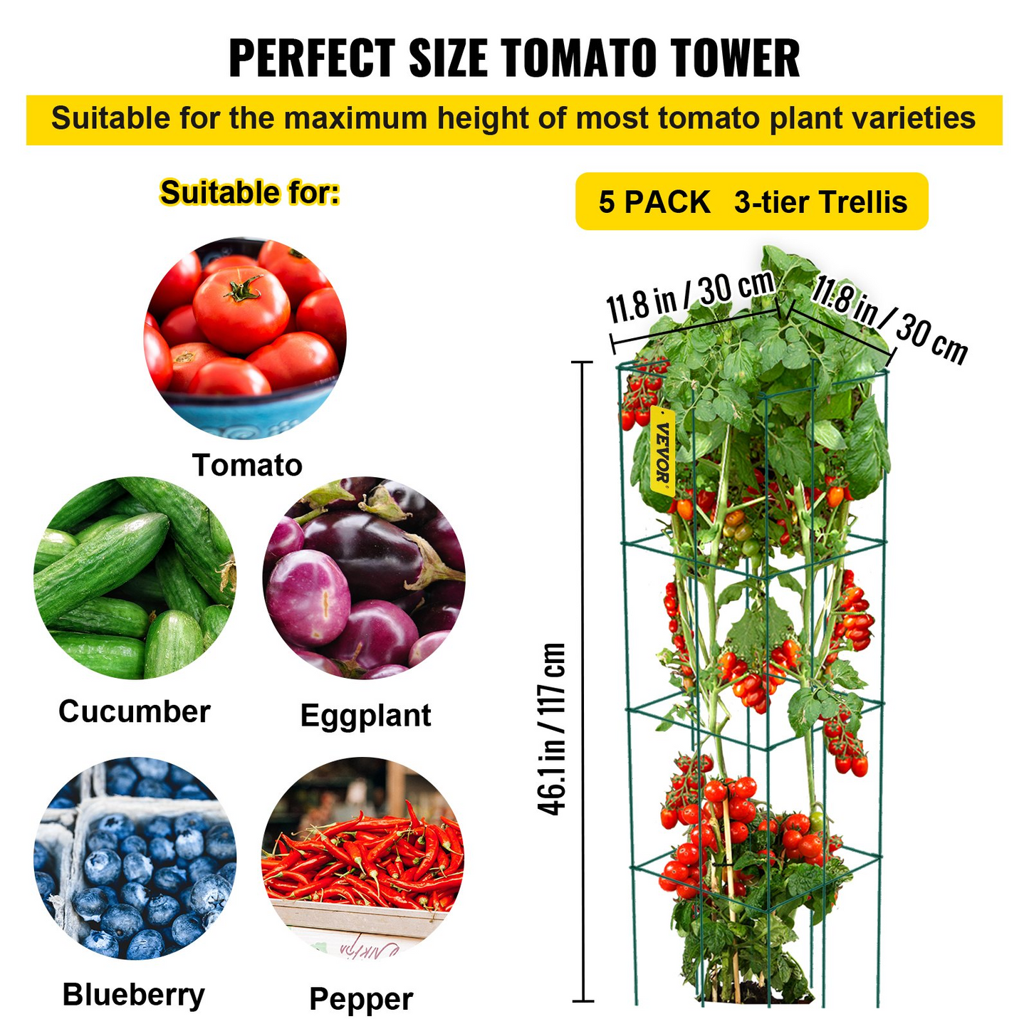 VEVOR Tomato Cages, 11.8" x 11.8" x 46.1", 5 Packs Square Plant Support Cages, Green PVC-Coated Steel Tomato Towers for Climbing Vegetables, Plants, Flowers, Fruits