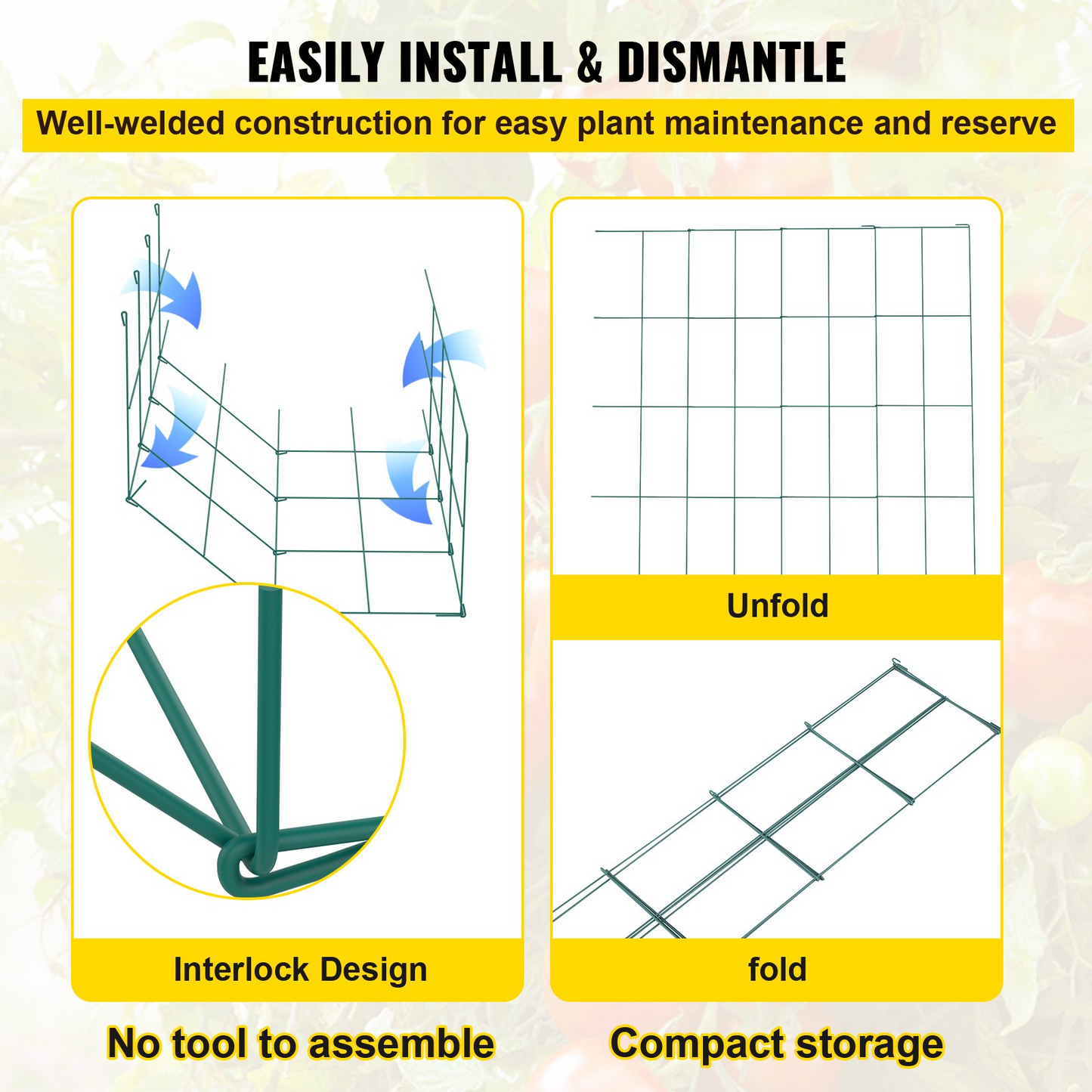 VEVOR Tomato Cages, 11.8" x 11.8" x 46.1", 5 Packs Square Plant Support Cages, Green PVC-Coated Steel Tomato Towers for Climbing Vegetables, Plants, Flowers, Fruits