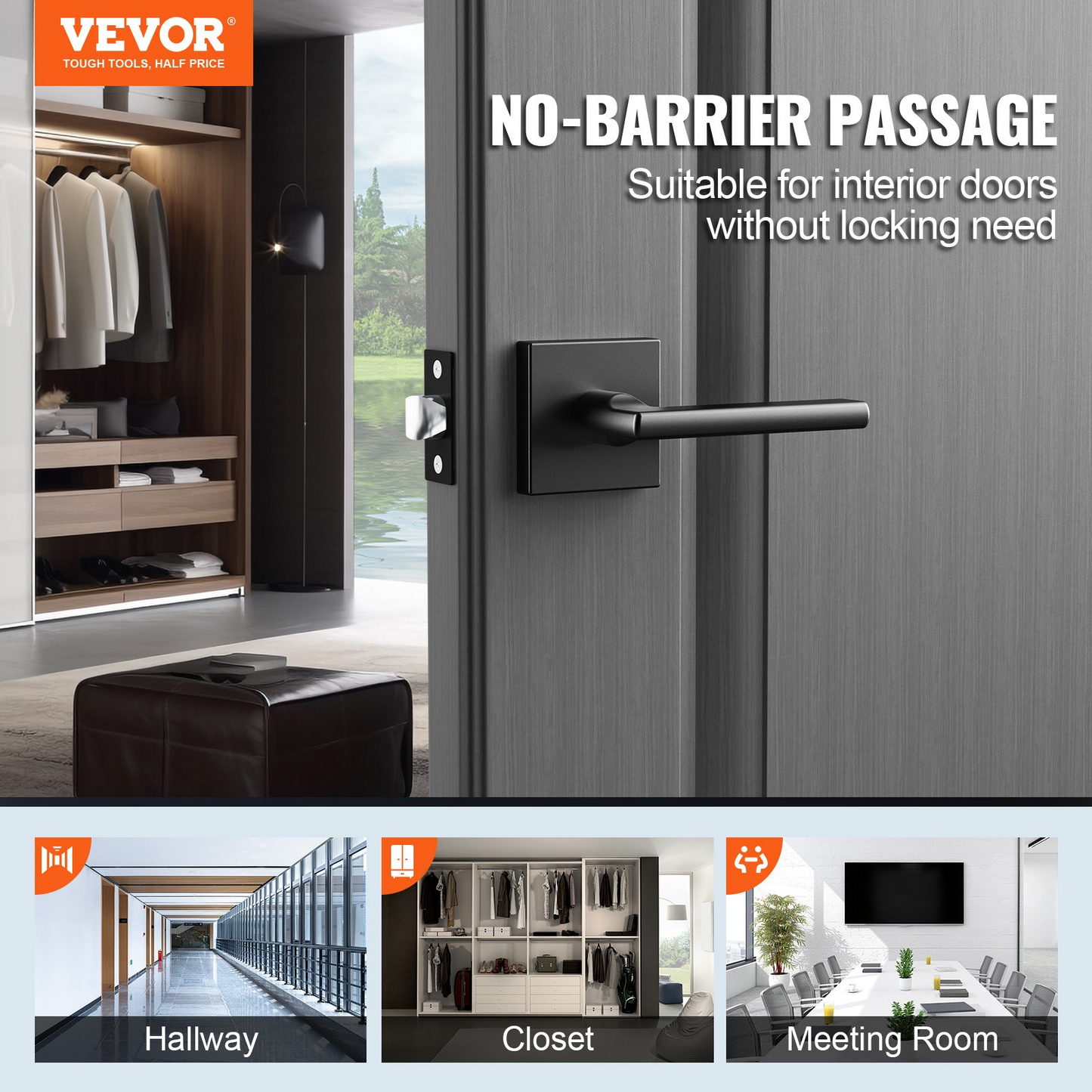 VEVOR Passage Door Handle, 6 Pack Matte Black Door Lever, Left or Right Handing Reversible Lever Non-Locking, 45° Rotation to Open, Square Interior Door Handles for Hallways, Closets, Meeting Spaces