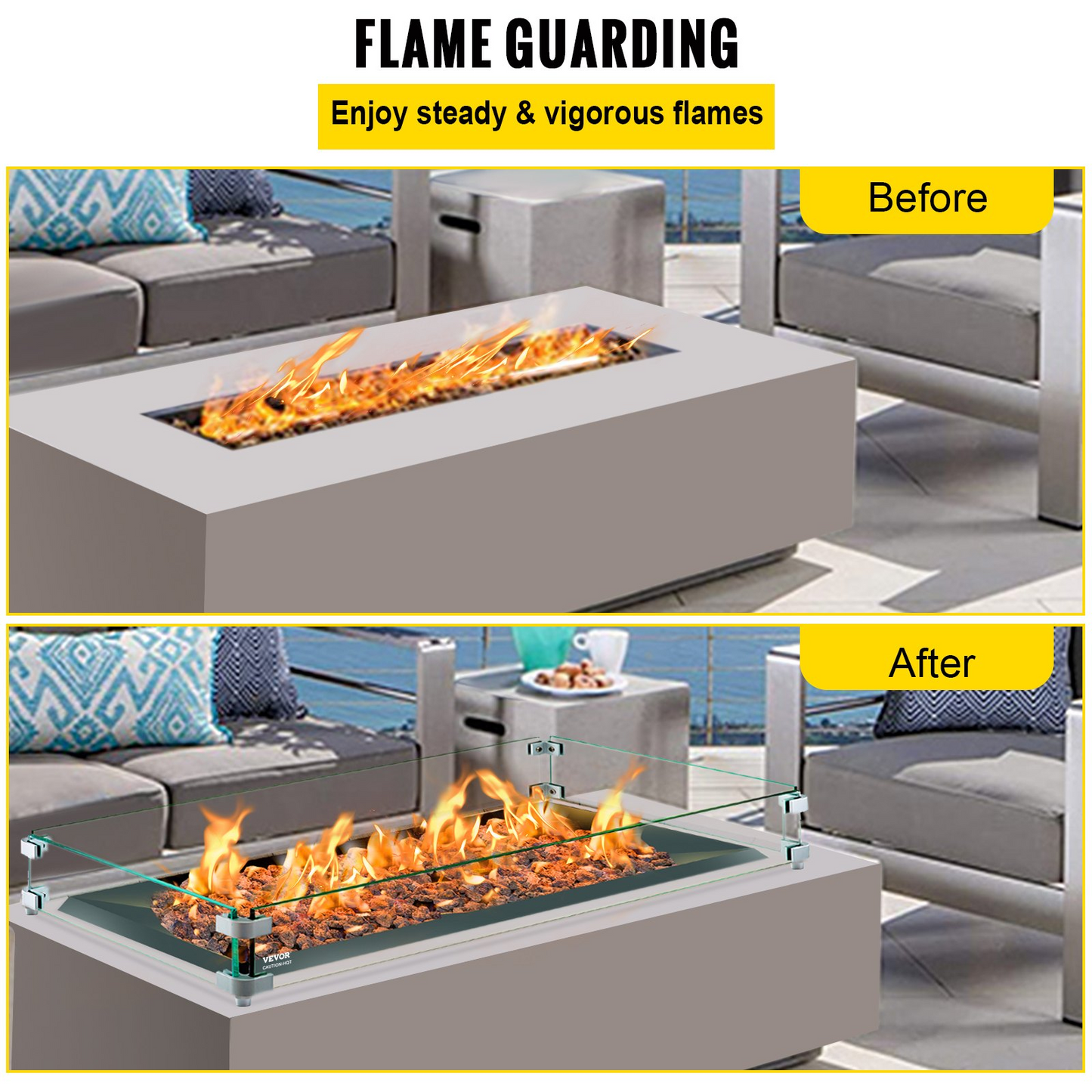 VEVOR Fire Pit Wind Guard, 38 x 10.5 x 6 Inch Glass Wind Guard, Rectangular Glass Shield, 0.3" Thick Fire Table, Clear Tempered Glass Flame Guard, Steady Feet Tree Pit Guard for Propane, Gas, Outdoor