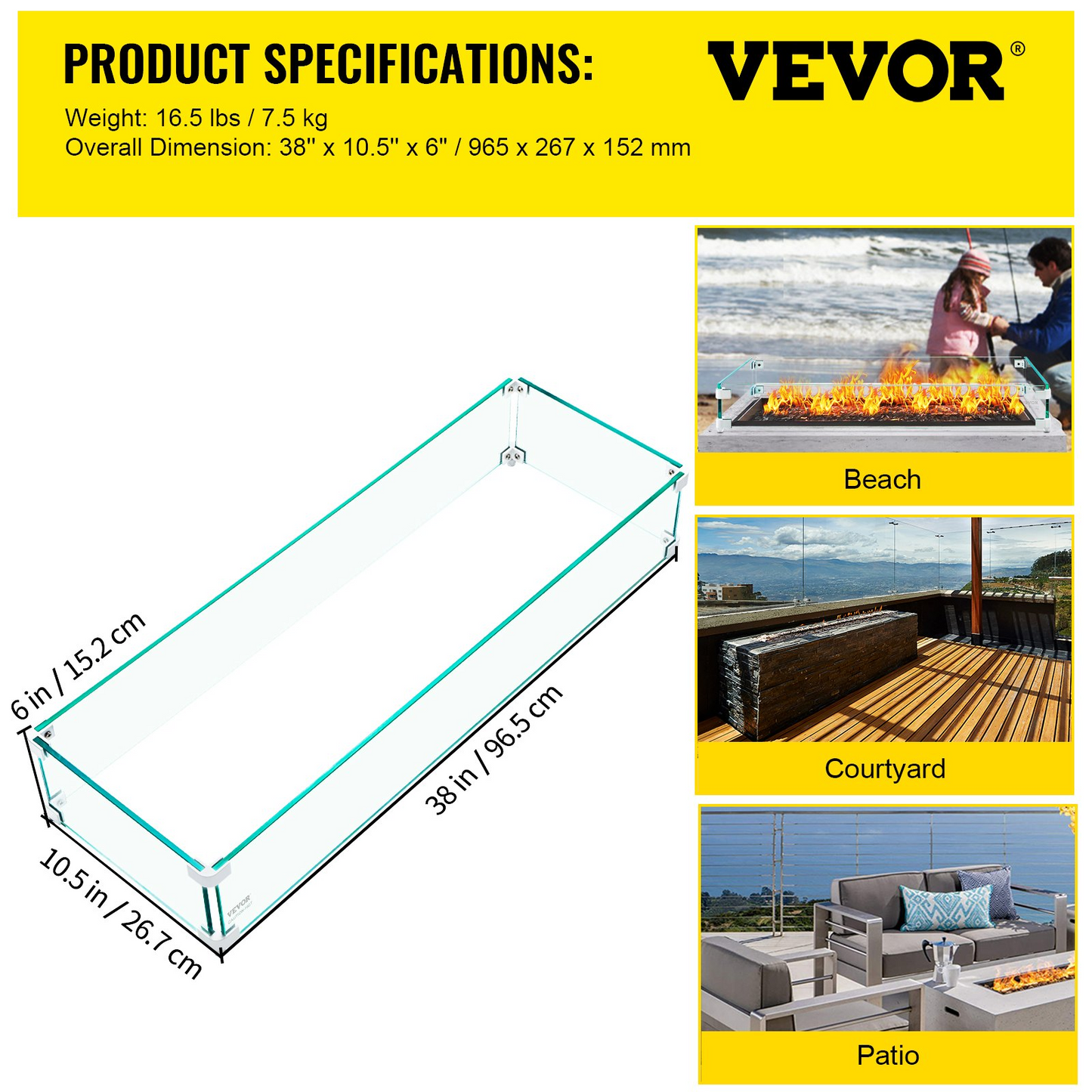 VEVOR Fire Pit Wind Guard, 38 x 10.5 x 6 Inch Glass Wind Guard, Rectangular Glass Shield, 0.3" Thick Fire Table, Clear Tempered Glass Flame Guard, Steady Feet Tree Pit Guard for Propane, Gas, Outdoor