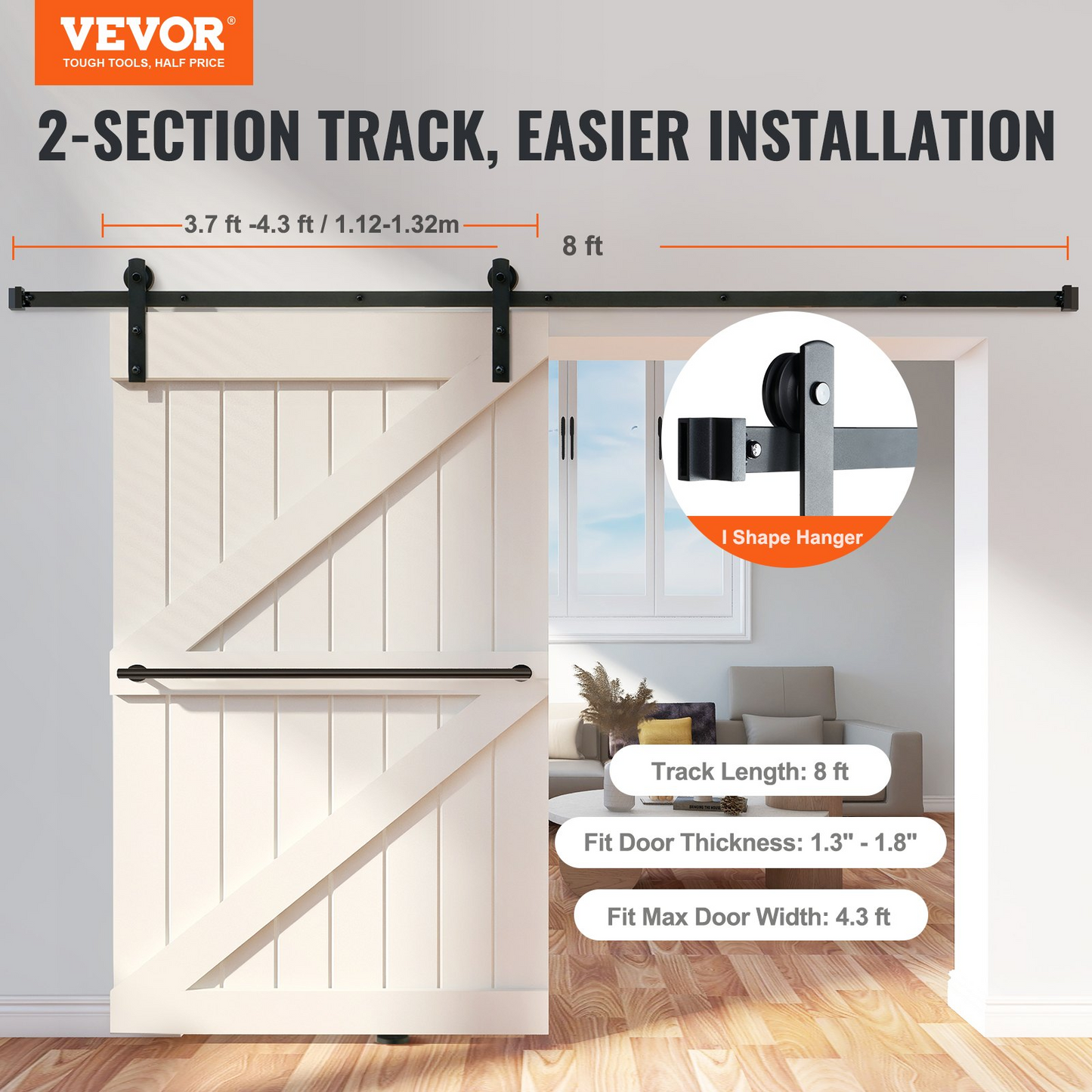 VEVOR 8FT Sliding Barn Door Hardware Kit, 330LBS Loading Heavy Duty Barn Door Track Kit for Single Door, Fit 3.7-4.3FT Wide and 1.3"-1.8" Thick Door Panel, with Smooth & Silent Pulley (I Shape)