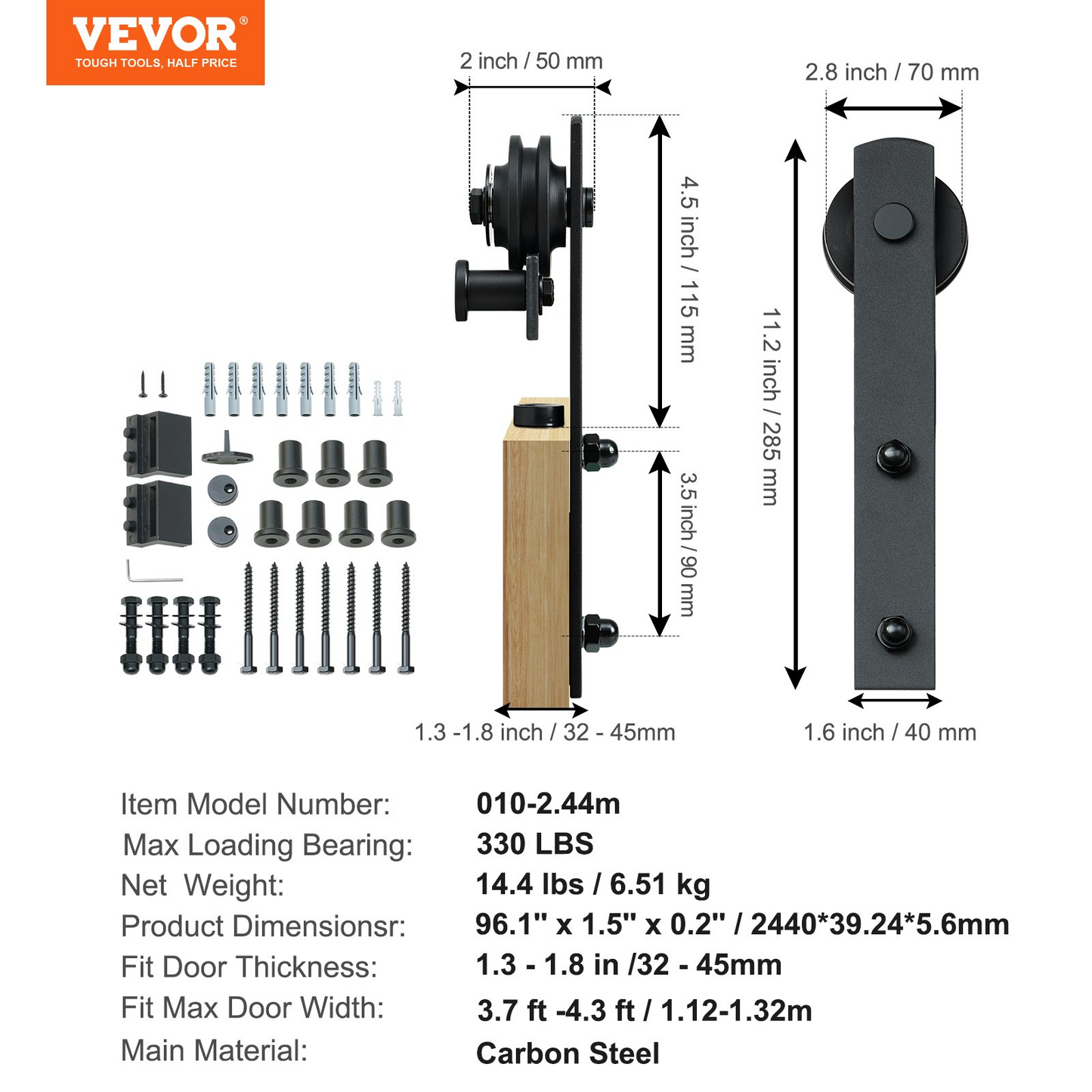 VEVOR 8FT Sliding Barn Door Hardware Kit, 330LBS Loading Heavy Duty Barn Door Track Kit for Single Door, Fit 3.7-4.3FT Wide and 1.3"-1.8" Thick Door Panel, with Smooth & Silent Pulley (I Shape)