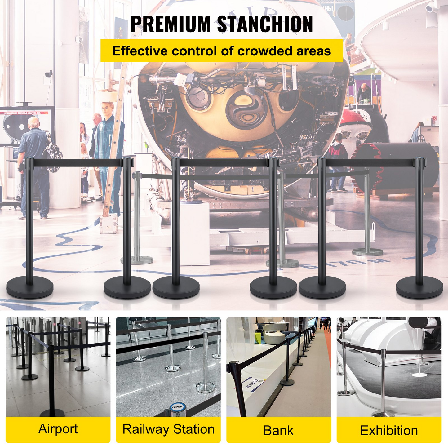 VEVOR Crowd Control Stanchion, Set of 6 Pieces Stanchion Set, Stanchion Set with 6.6 ft/2 m Black Retractable Belt, Black Crowd Control Barrier w/Concrete and Metal Base - Easy Connect Assembly