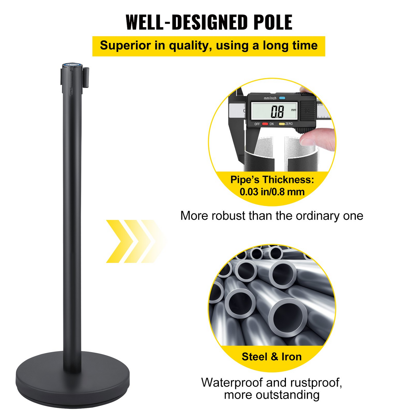 VEVOR Crowd Control Stanchion, Set of 6 Pieces Stanchion Set, Stanchion Set with 6.6 ft/2 m Black Retractable Belt, Black Crowd Control Barrier w/Concrete and Metal Base - Easy Connect Assembly