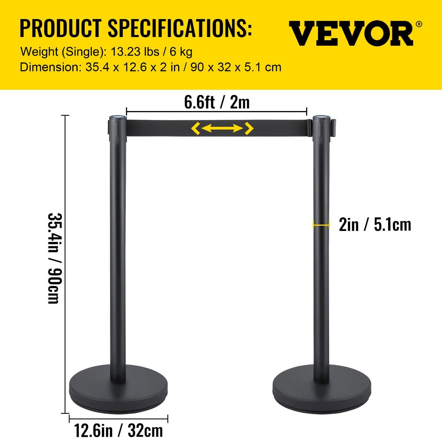 VEVOR Crowd Control Stanchion, Set of 6 Pieces Stanchion Set, Stanchion Set with 6.6 ft/2 m Black Retractable Belt, Black Crowd Control Barrier w/Concrete and Metal Base - Easy Connect Assembly