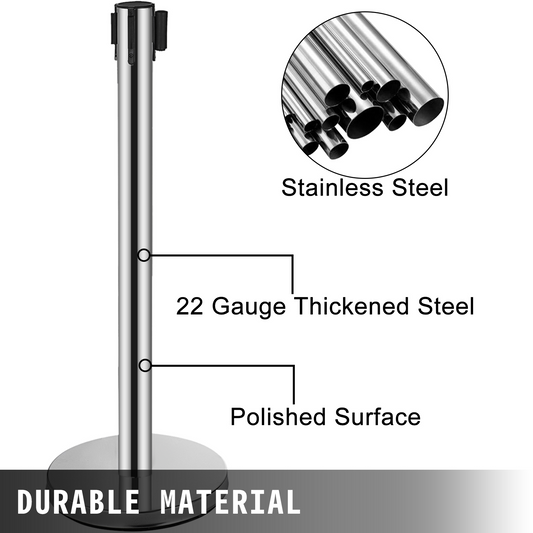 VEVOR Crowd Control Stanchion, 6-Pack Crowd Control Barrier, Carbon Steel Baking Painted Stanchion Queue Post with 6.6FT Retractable Belt & Fillable Base, Belt Barrier Line Divider, Easy Assembly