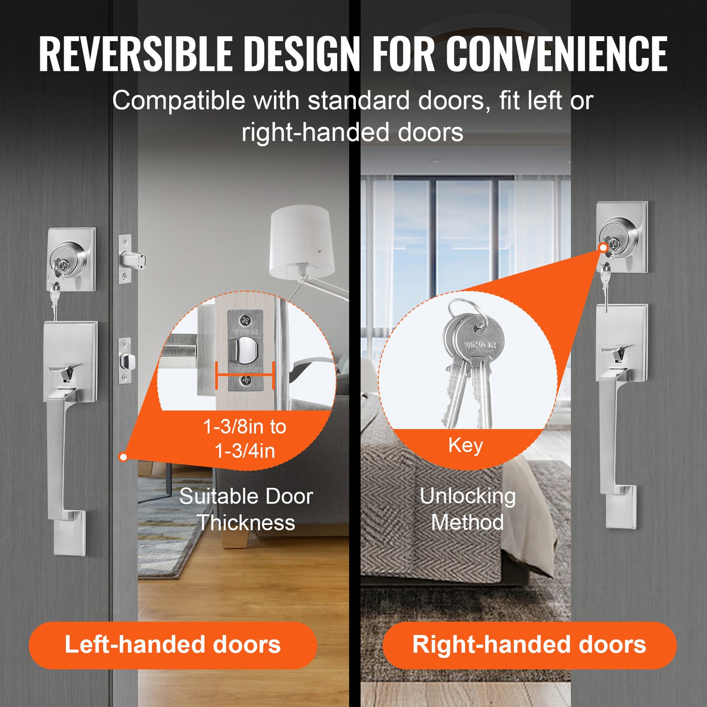 VEVOR Front Door Handle and Deadbolt Set, Satin Nickel Square Handle Set with Lever Door Handle, Single Cylinder Entry Door Handle with Reversible for Right and Left Handed Entrance and Front Door