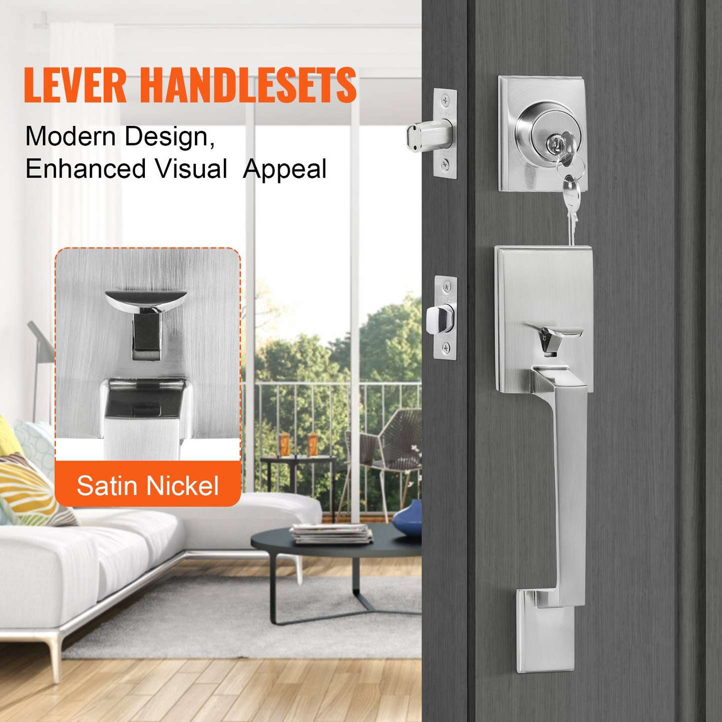 VEVOR Front Door Handle and Deadbolt Set, Satin Nickel Square Handle Set with Lever Door Handle, Single Cylinder Entry Door Handle with Reversible for Right and Left Handed Entrance and Front Door