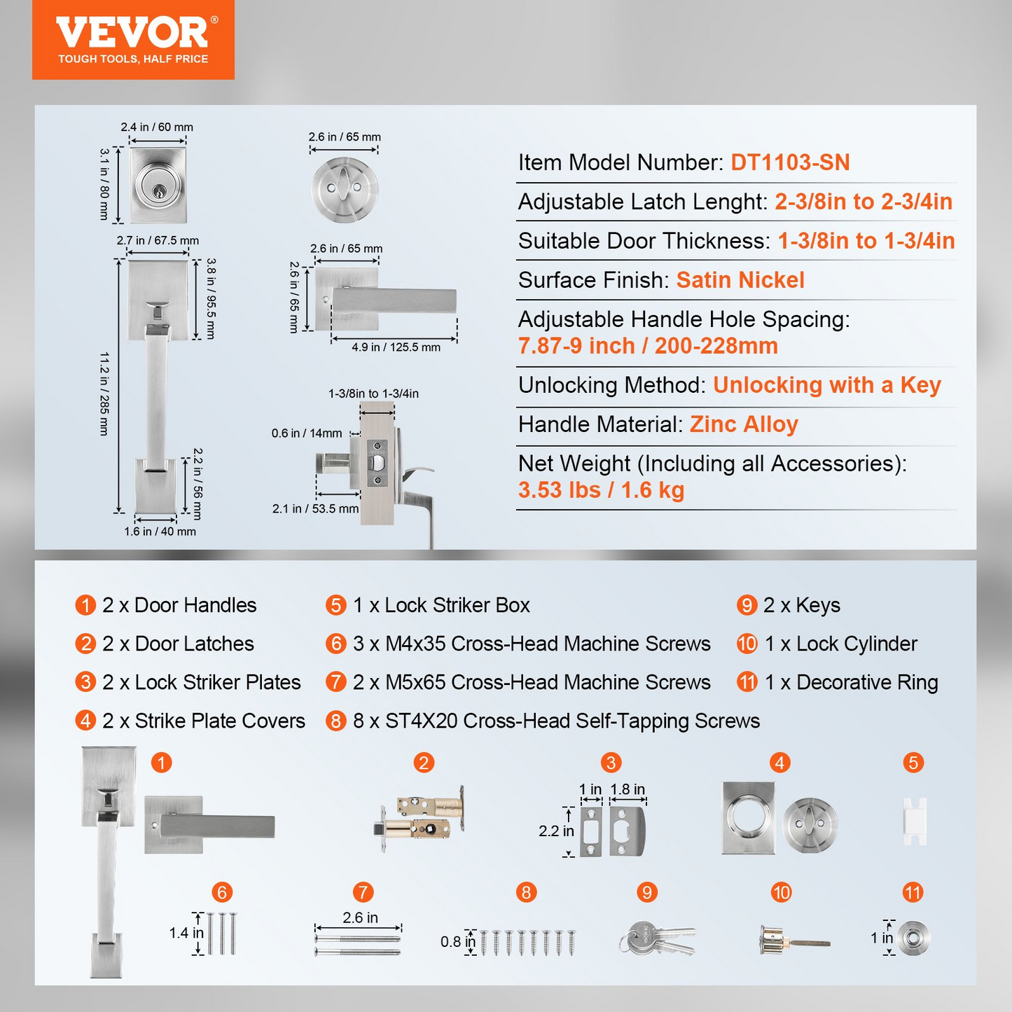 VEVOR Front Door Handle and Deadbolt Set, Satin Nickel Square Handle Set with Lever Door Handle, Single Cylinder Entry Door Handle with Reversible for Right and Left Handed Entrance and Front Door