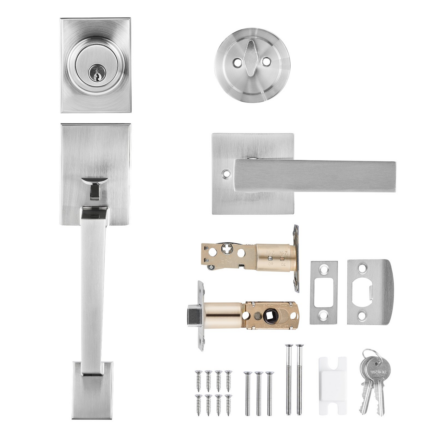 VEVOR Front Door Handle and Deadbolt Set, Satin Nickel Square Handle Set with Lever Door Handle, Single Cylinder Entry Door Handle with Reversible for Right and Left Handed Entrance and Front Door