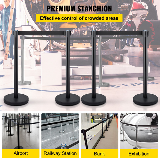 VEVOR Crowd Control Stanchion, Set of 4 Pieces Stanchion Set, Stanchion Set with 6.6 ft/2 m Black Retractable Belt, Black Crowd Control Barrier w/Concrete and Metal Base – Easy Connect Assembly