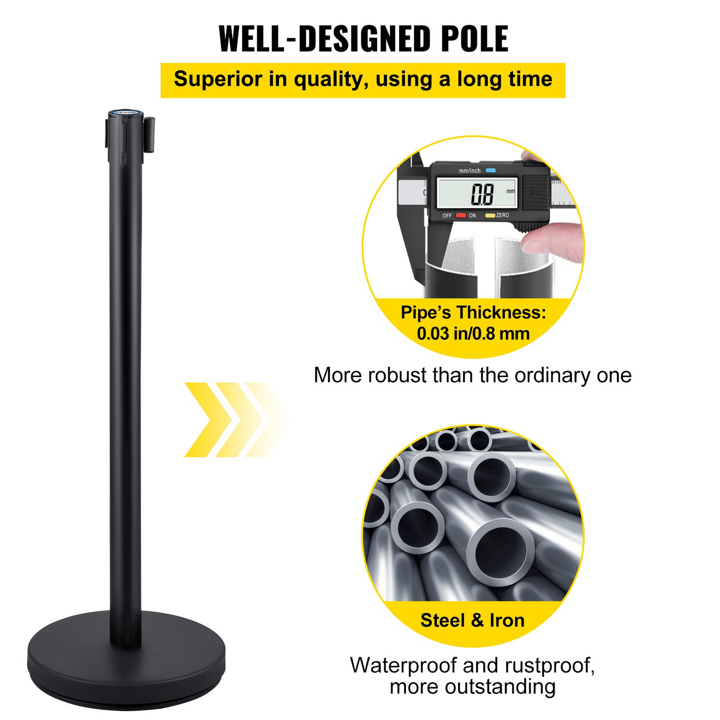 VEVOR Crowd Control Stanchion, Set of 4 Pieces Stanchion Set, Stanchion Set with 6.6 ft/2 m Black Retractable Belt, Black Crowd Control Barrier w/Concrete and Metal Base – Easy Connect Assembly