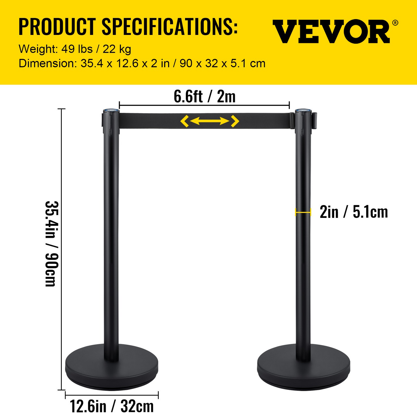 VEVOR Crowd Control Stanchion, Set of 4 Pieces Stanchion Set, Stanchion Set with 6.6 ft/2 m Black Retractable Belt, Black Crowd Control Barrier w/Concrete and Metal Base – Easy Connect Assembly