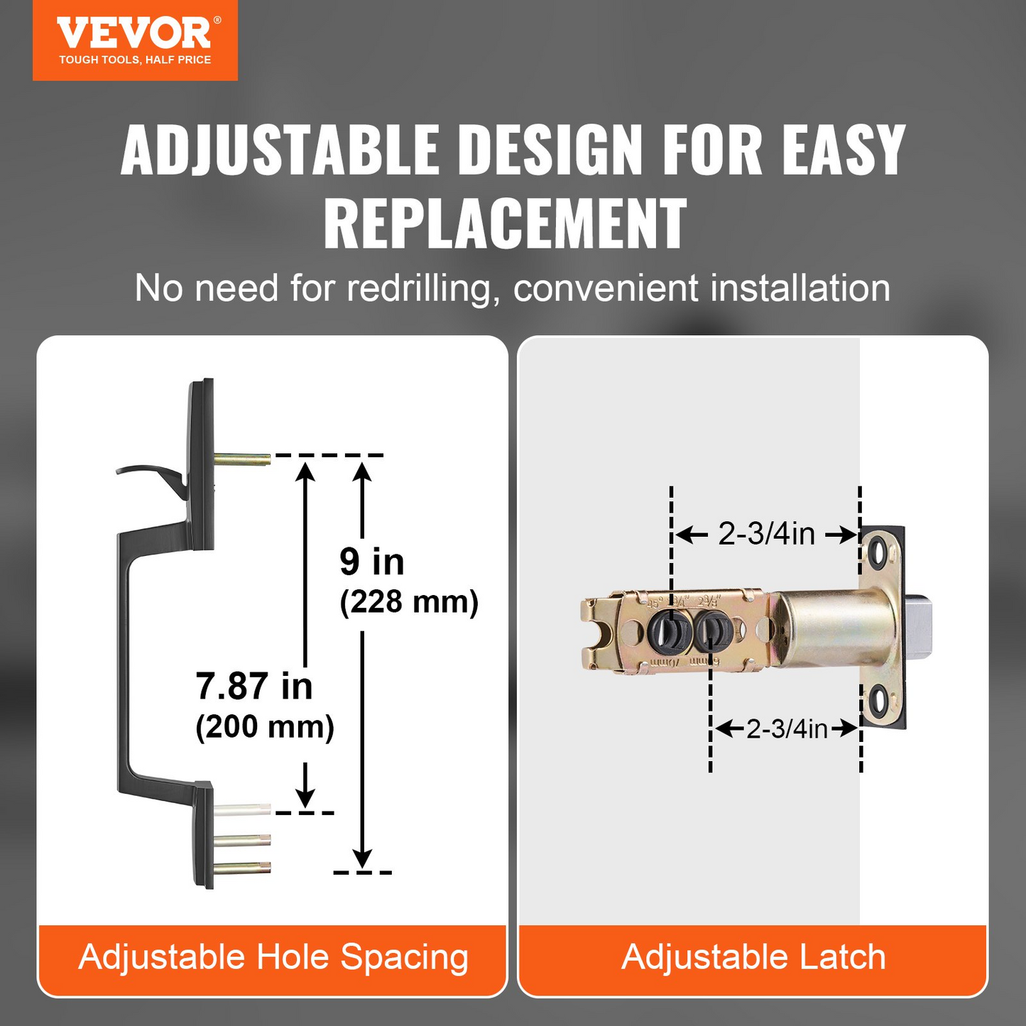 VEVOR Front Door Handle, Matte Black Square Handle Set with Lever Door Handle No Lock, Adjustable Hole Space, Entry Door Handle with Reversible for Right and Left Handed Entrance and Front Door