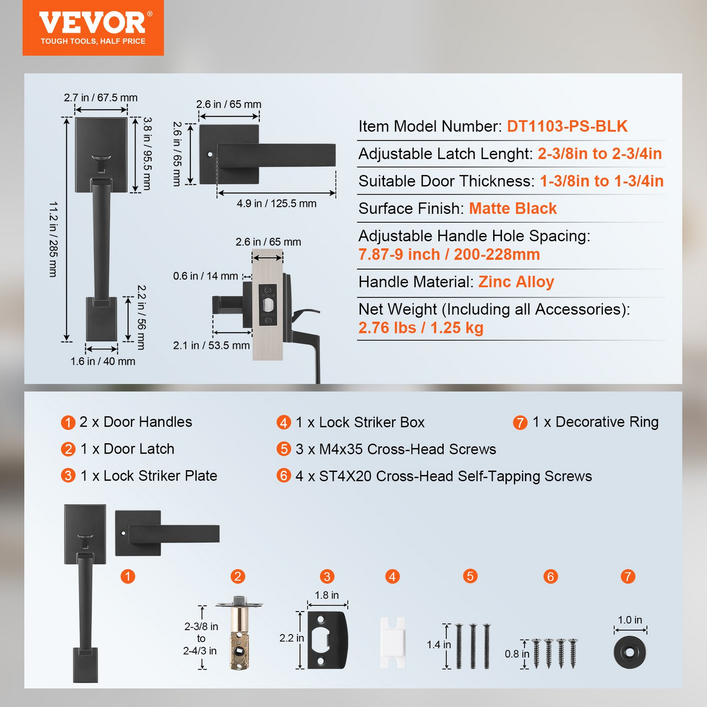 VEVOR Front Door Handle, Matte Black Square Handle Set with Lever Door Handle No Lock, Adjustable Hole Space, Entry Door Handle with Reversible for Right and Left Handed Entrance and Front Door