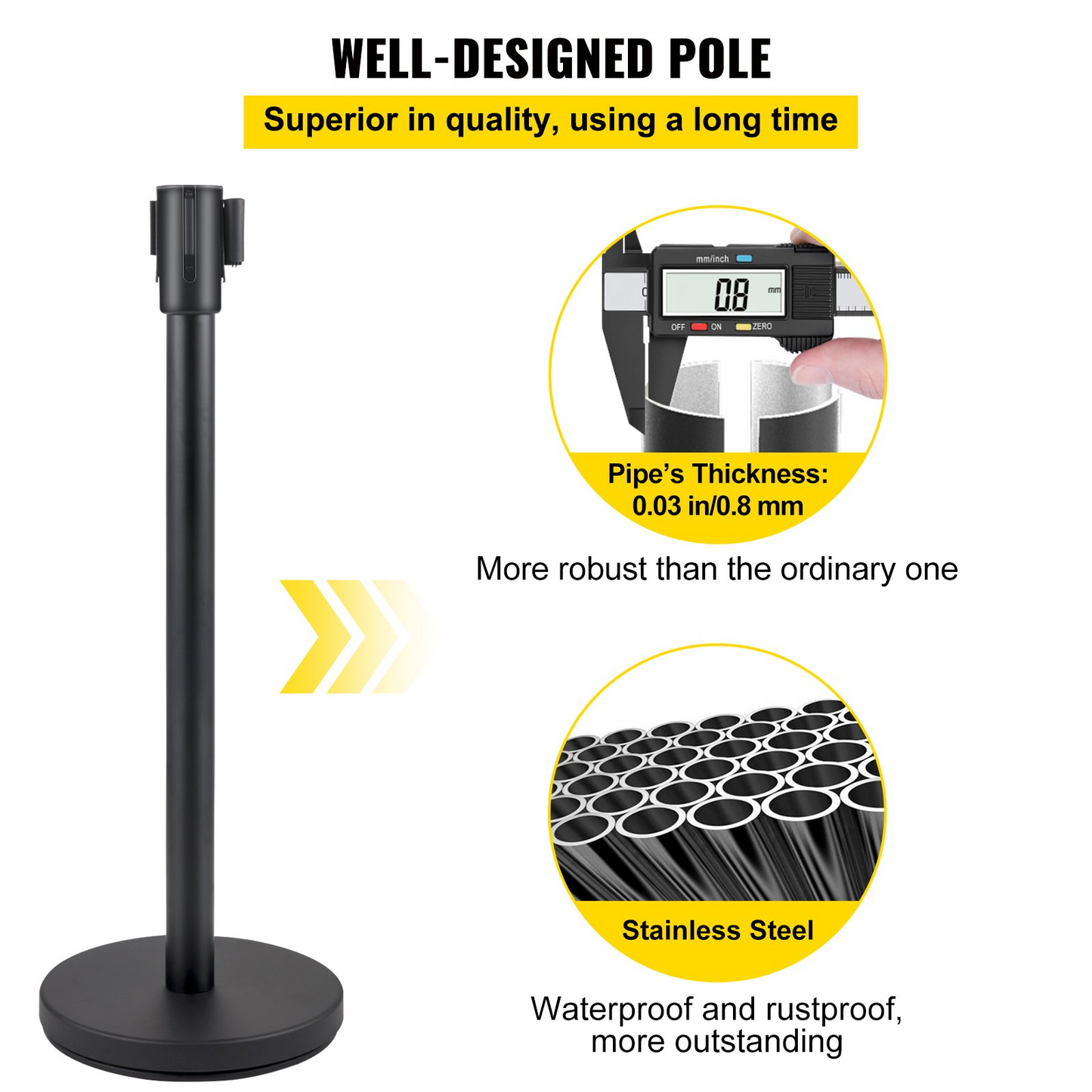 VEVOR Crowd Control Stanchion, Set of 4 Pieces Stanchion Set, Stanchion Set with 6.6 ft/2 m Black Retractable Belt, Black Crowd Control Barrier w/Concrete and Metal Base - Easy Connect Assembly