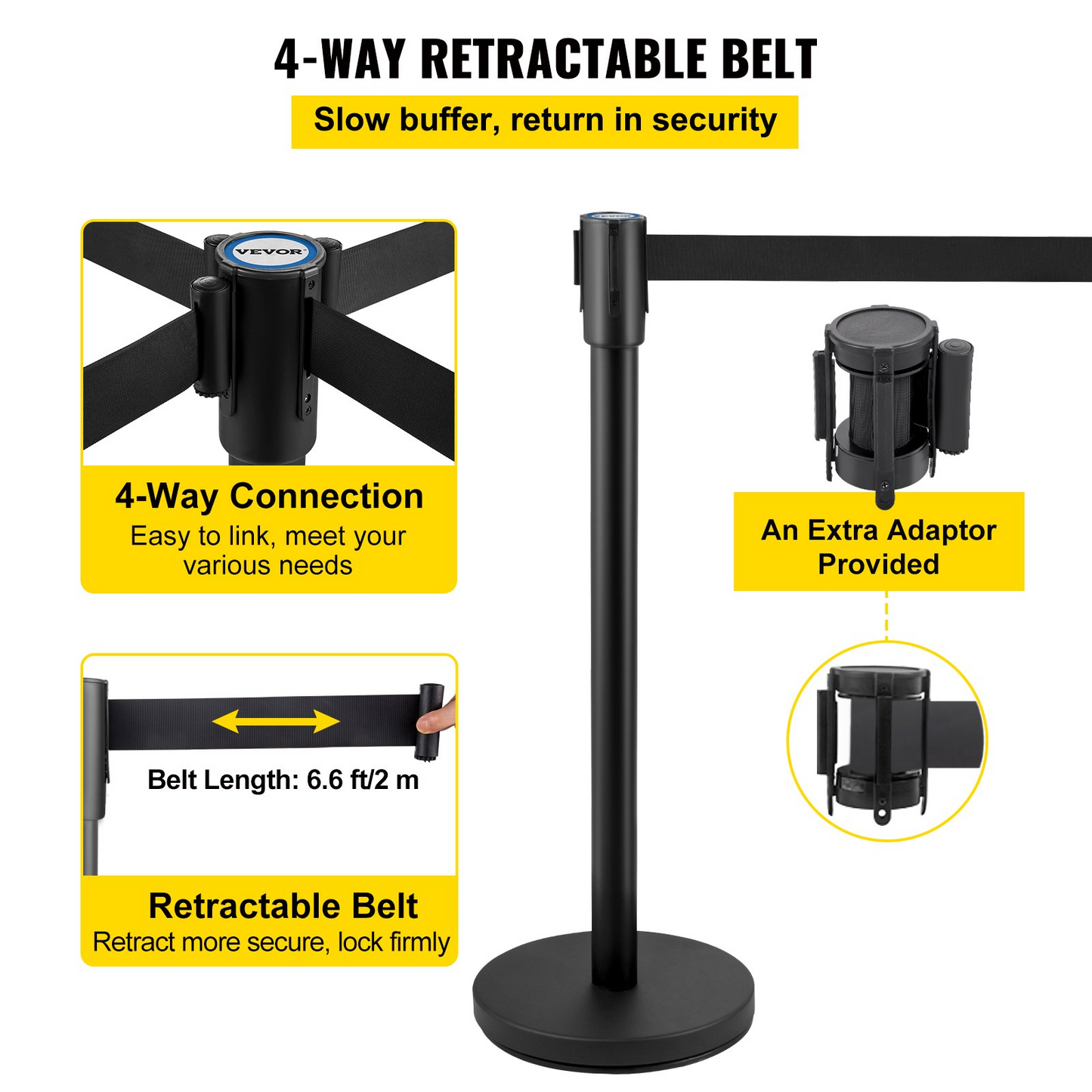 VEVOR Crowd Control Stanchion, Set of 4 Pieces Stanchion Set, Stanchion Set with 6.6 ft/2 m Black Retractable Belt, Black Crowd Control Barrier w/Concrete and Metal Base - Easy Connect Assembly