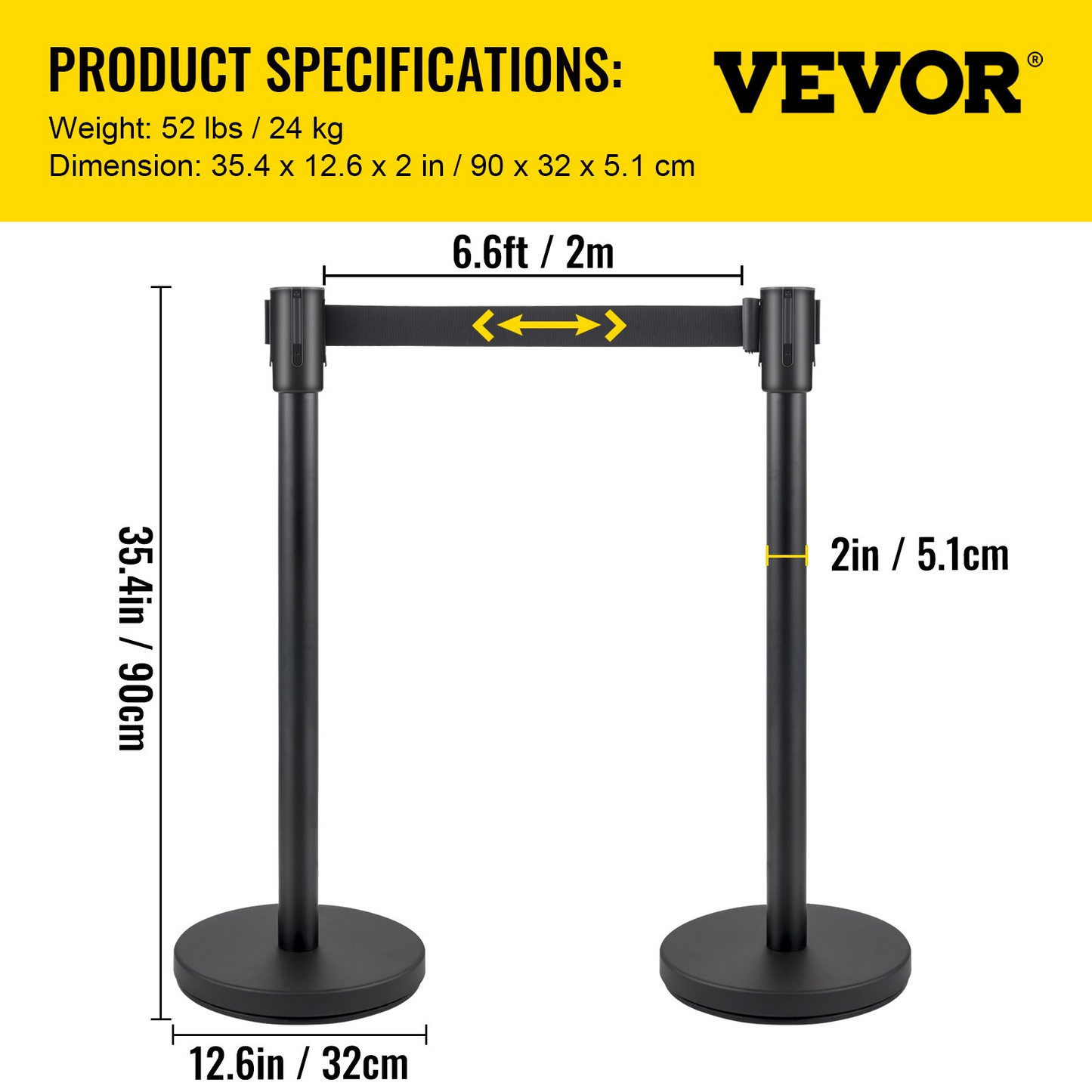 VEVOR Crowd Control Stanchion, Set of 4 Pieces Stanchion Set, Stanchion Set with 6.6 ft/2 m Black Retractable Belt, Black Crowd Control Barrier w/Concrete and Metal Base - Easy Connect Assembly