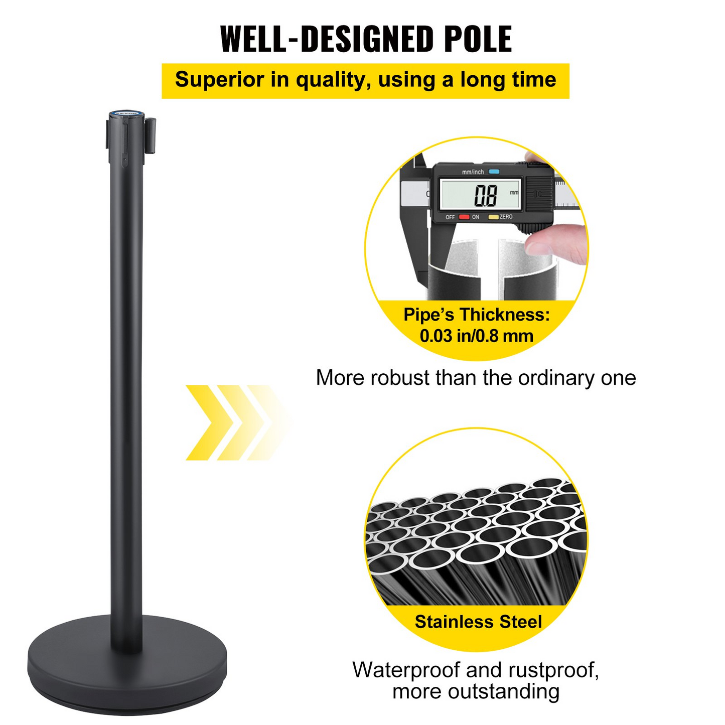 VEVOR 6 PCS Black Stanchion Posts Stainless Steel Stanchion Queue Post Black Belt Retractable 36In for Both Indoor and Outdoor use.