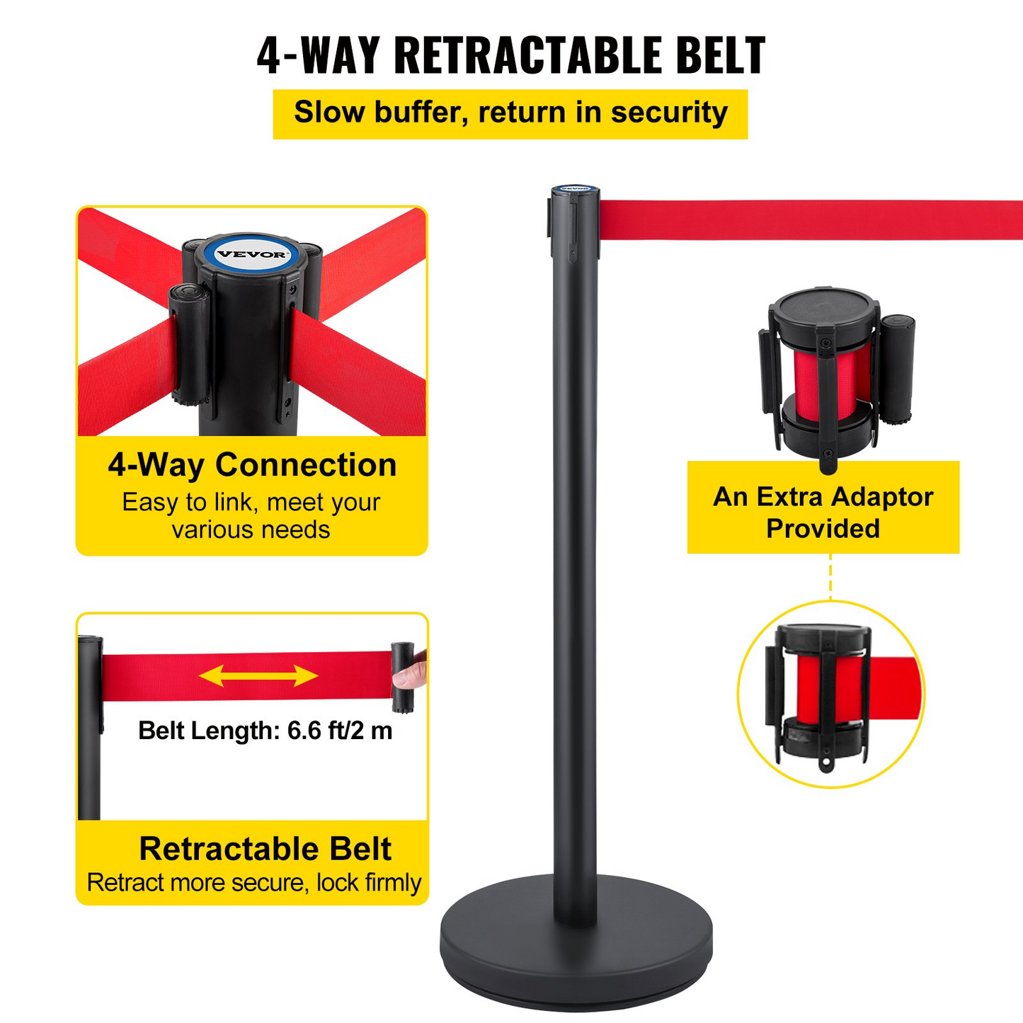 VEVOR Crowd Control Stanchion, Set of 6 Pieces Stanchion Set, Stanchion Set w/ 6.6 ft/2 m Red Retractable Belt, Crowd Control Barrier w/Rubber Base – Easy Connect Assembly for Crowd Control (Black)