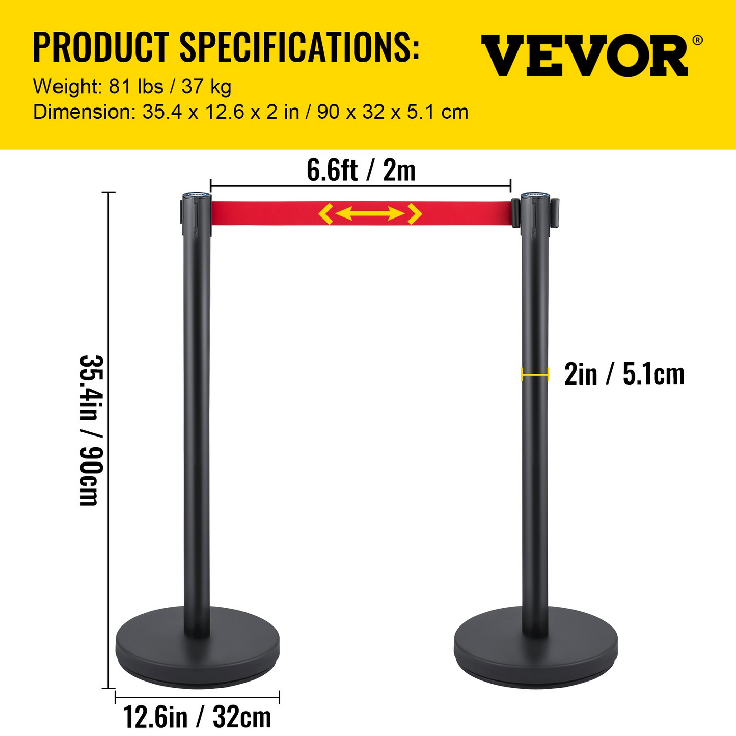 VEVOR Crowd Control Stanchion, Set of 6 Pieces Stanchion Set, Stanchion Set w/ 6.6 ft/2 m Red Retractable Belt, Crowd Control Barrier w/Rubber Base – Easy Connect Assembly for Crowd Control (Black)