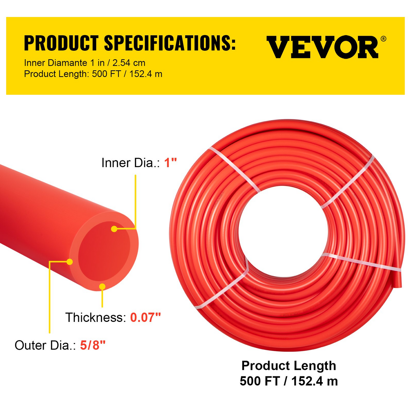 VEVOR PEX Pipe, 1 Inch x 500 FT PEX Tubing, Non Oxygen Barrier Red PEX-B Pipe, Flexible PEX Water Line for RV Sewer Hose, Plumbing, Radiant Heating