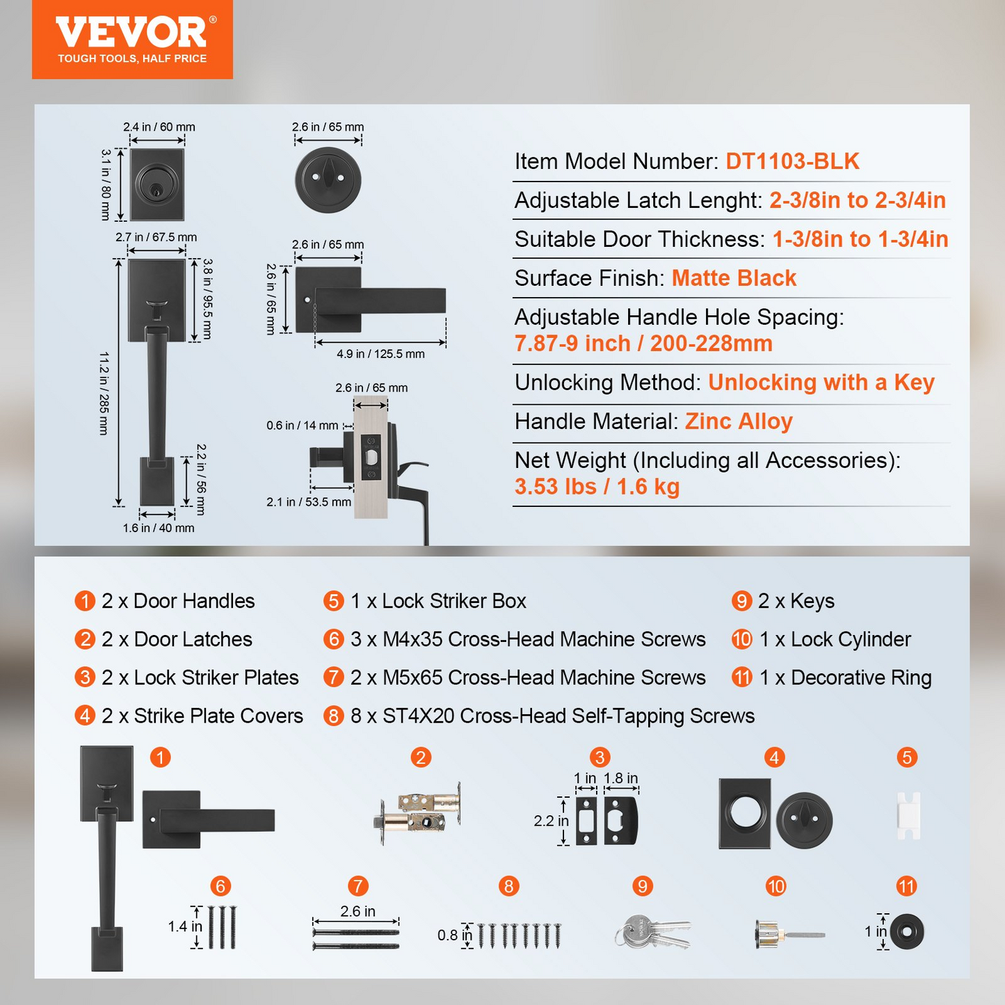 VEVOR Front Door Handle and Deadbolt Set, Matte Black Square Handle Set with Lever Door Handle, Single Cylinder Entry Door Handle with Reversible for Right and Left Handed Entrance and Front Door