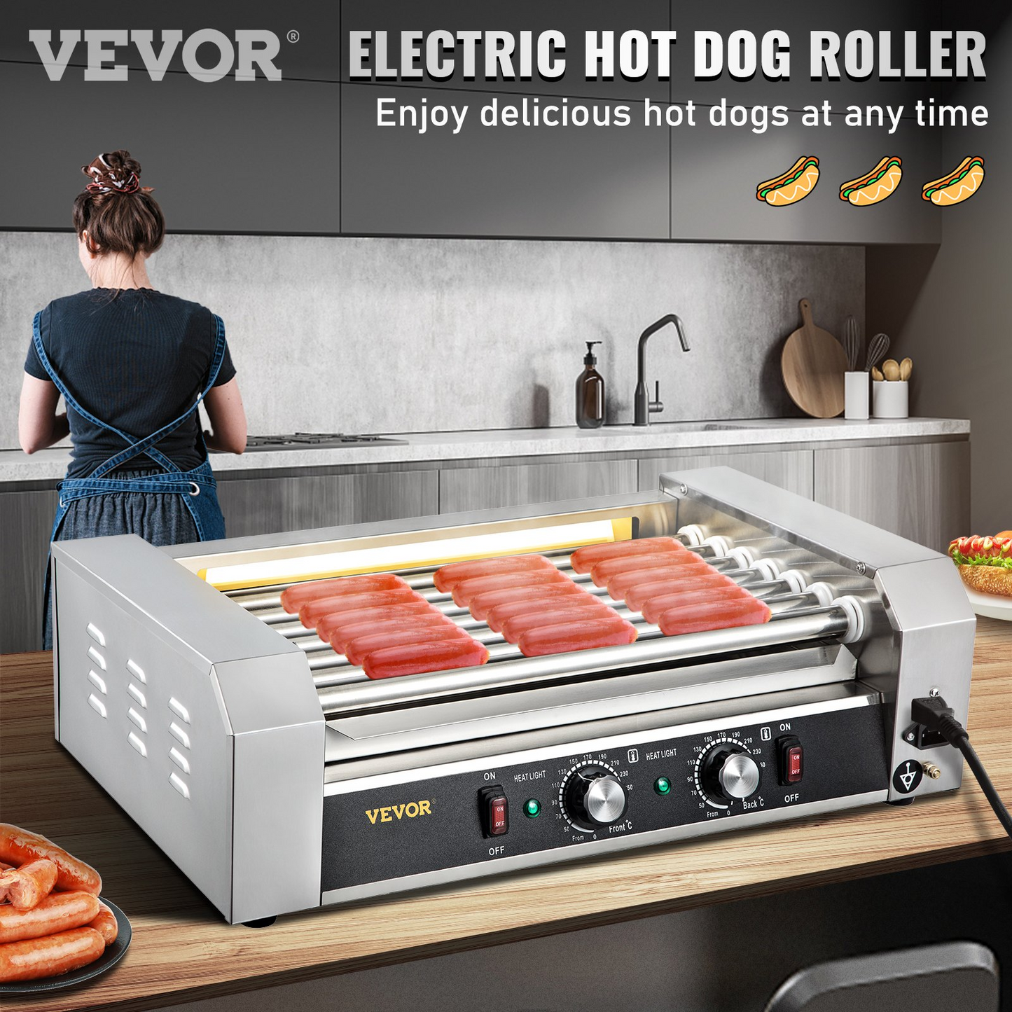 VEVOR Hot Dog Roller, 18 Hot Dog Capacity 7 Rollers, 1050W Stainless Steel Cook Warmer Machine with Dual Temp Control, LED Light and Detachable Drip Tray, Sausage Grill Cooker for Kitchen Restaurant