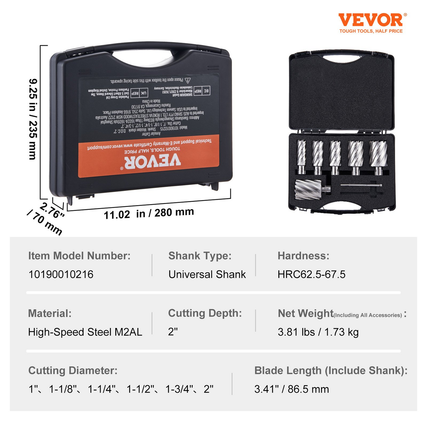 VEVOR Annular Cutter Set, 6 pcs Universal Shank Mag Drill Bits, 1" to 2" Cutting Diameter, 2" Cutting Depth, M2AL High-Speed Steel, with 2 Pilot Pins and Portable Case, for Using with Magnetic Drills