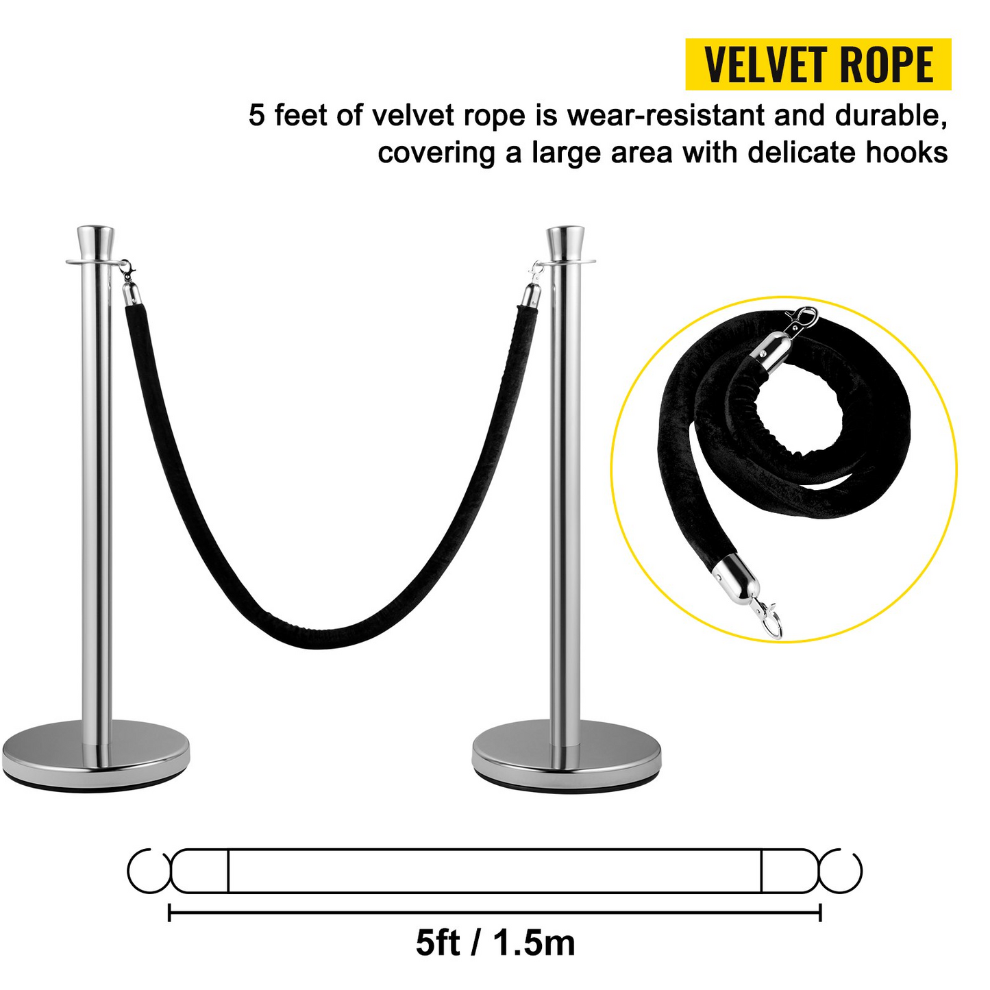 VEVOR Crowd Control Stanchion, Set of 2 Pieces Stanchion Set, Stanchion Set with 5 ft/1.5 m Black Velvet Rope, Silver Crowd Control Barrier w/Sturdy Concrete and Metal Base - Easy Connect Assembly