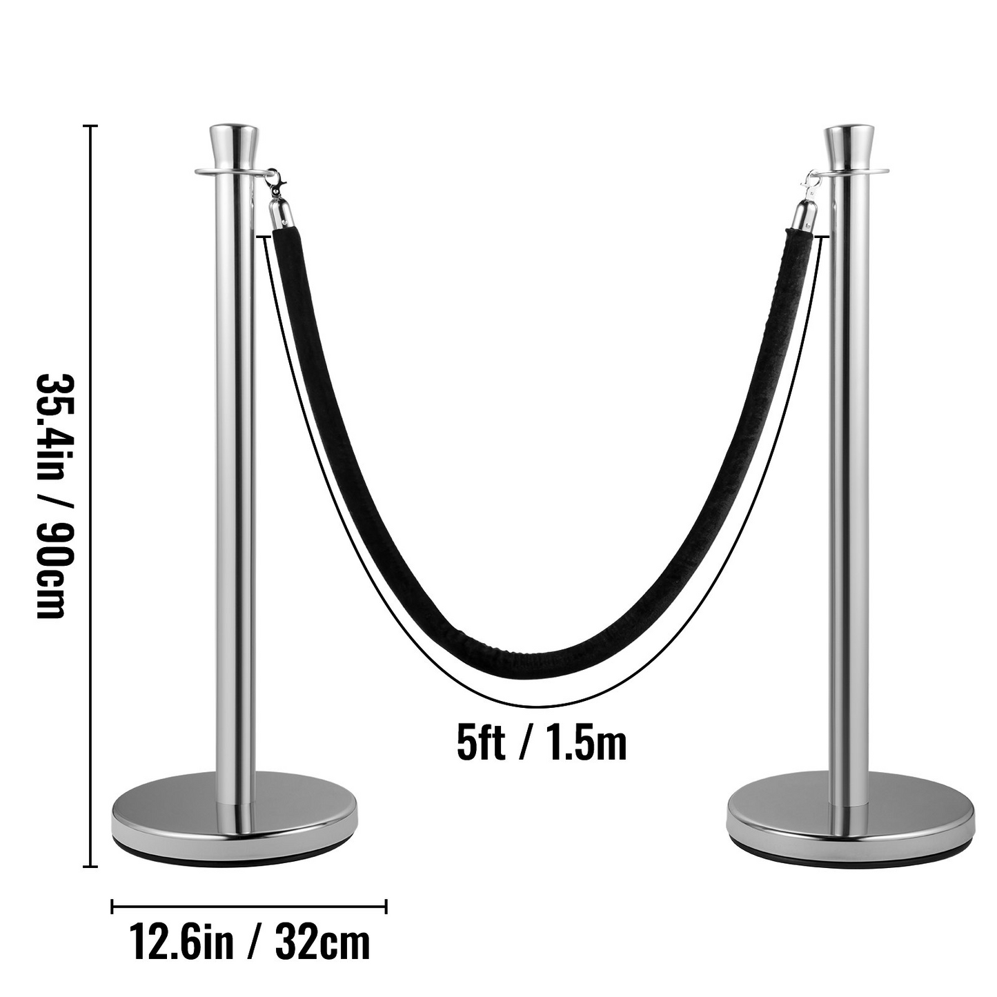 VEVOR Crowd Control Stanchion, Set of 2 Pieces Stanchion Set, Stanchion Set with 5 ft/1.5 m Black Velvet Rope, Silver Crowd Control Barrier w/Sturdy Concrete and Metal Base - Easy Connect Assembly