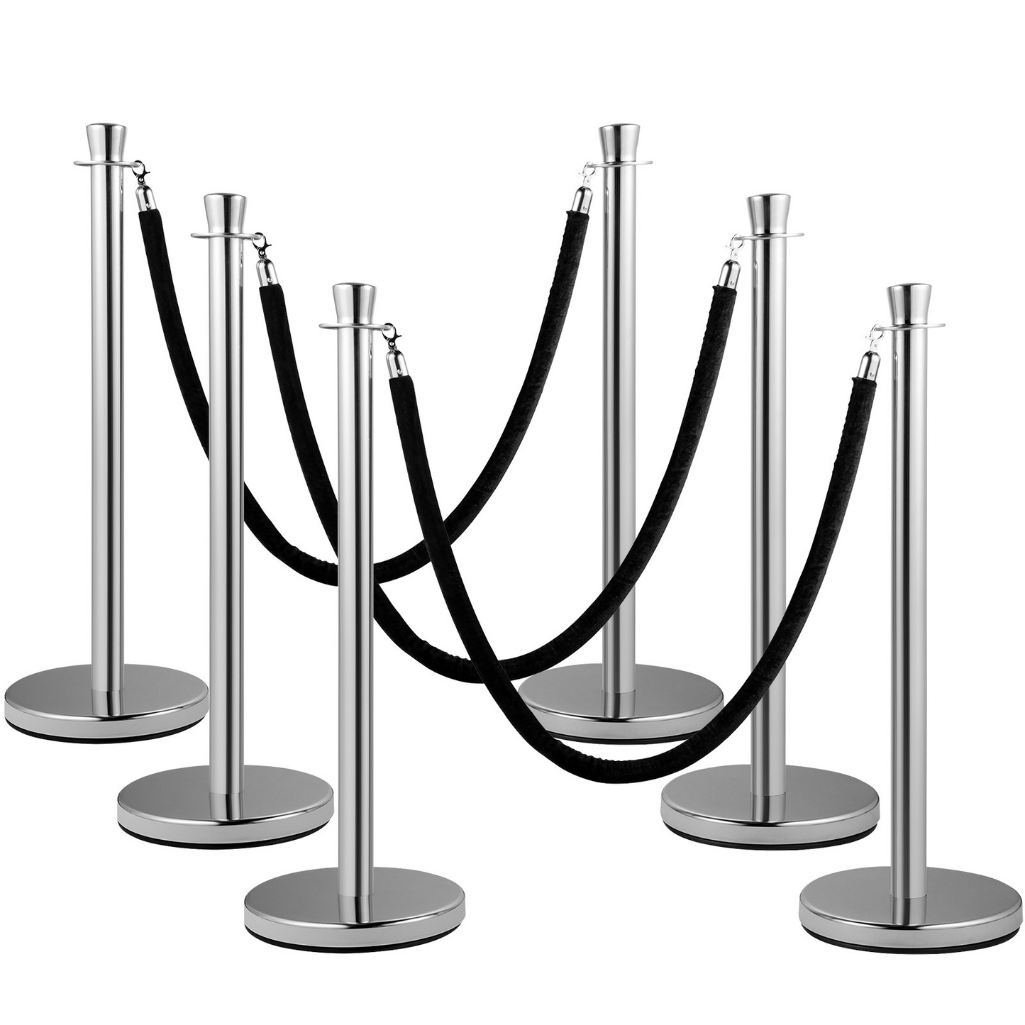 VEVOR Crowd Control Stanchion, Set of 2 Pieces Stanchion Set, Stanchion Set with 5 ft/1.5 m Black Velvet Rope, Silver Crowd Control Barrier w/Sturdy Concrete and Metal Base - Easy Connect Assembly