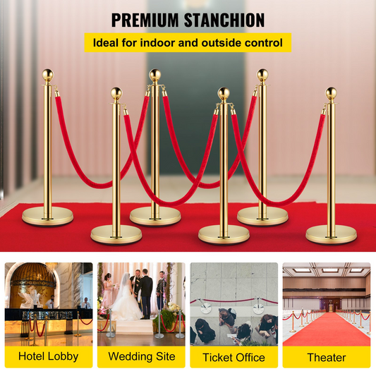 VEVOR 6 PCS Gold Stanchions Posts Stainless Steel Stanchion Queue Post Red Rope Retractable 38In for Both Indoor and Outdoor use.