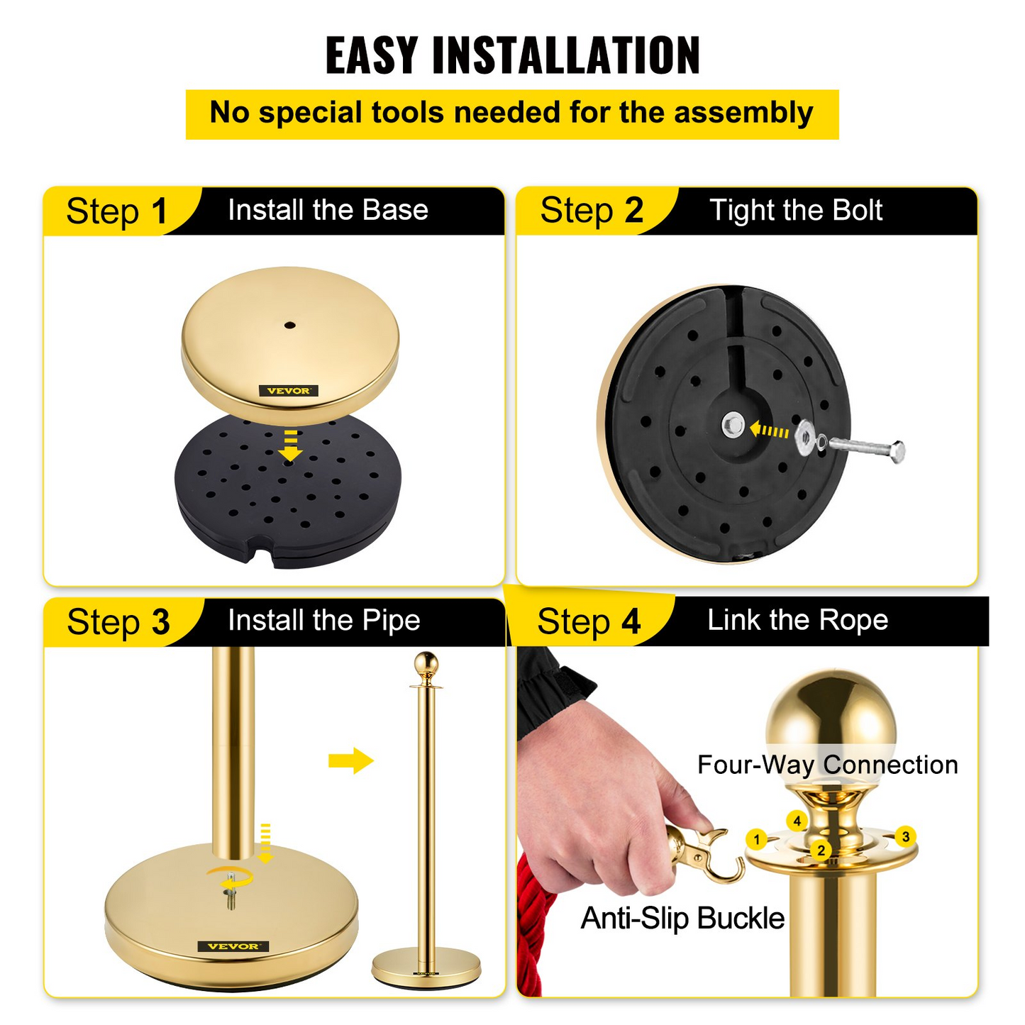 VEVOR 6 PCS Gold Stanchions Posts Stainless Steel Stanchion Queue Post Red Rope Retractable 38In for Both Indoor and Outdoor use.