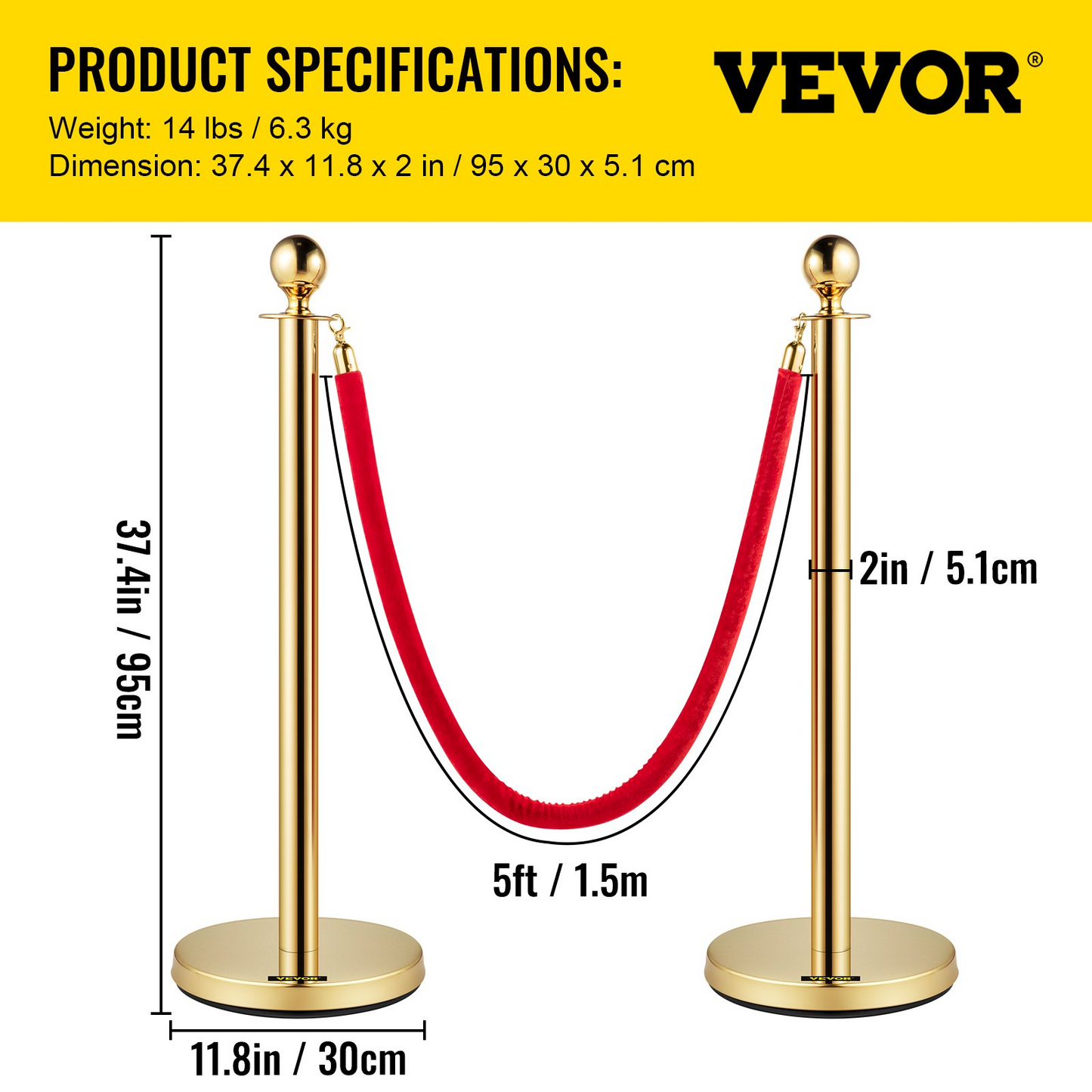 VEVOR 6 PCS Gold Stanchions Posts Stainless Steel Stanchion Queue Post Red Rope Retractable 38In for Both Indoor and Outdoor use.