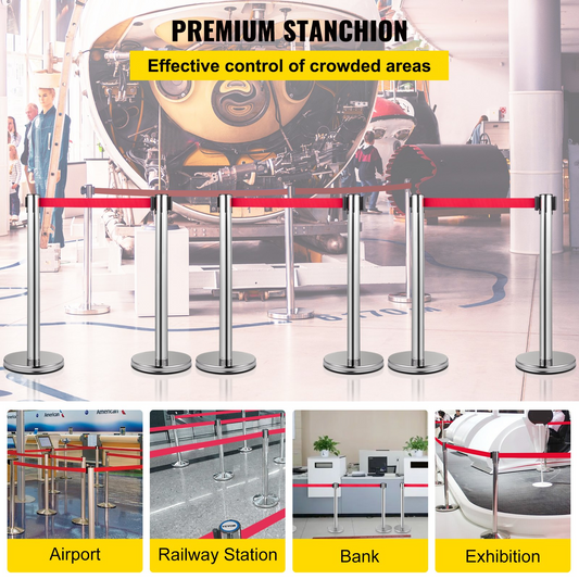 VEVOR Crowd Control Stanchion, Set of 6 Pieces Stanchion Set, Stanchion Set w/ 6.6 ft/2 m Red Retractable Belt, Crowd Control Barrier w/Rubber Base – Easy Connect Assembly for Crowd Control (Silver)