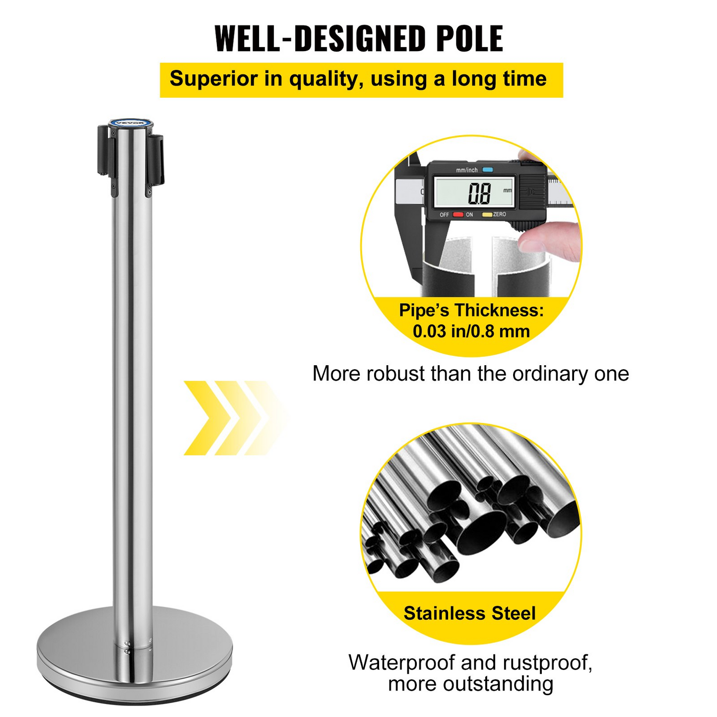 VEVOR Crowd Control Stanchion, Set of 6 Pieces Stanchion Set, Stanchion Set w/ 6.6 ft/2 m Red Retractable Belt, Crowd Control Barrier w/Rubber Base – Easy Connect Assembly for Crowd Control (Silver)