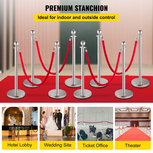 VEVOR Crowd Control Stanchion, Set of 8 Pieces Stanchion Set, Stanchion Set with 5 ft/1.5 m Red Velvet Rope, Silver Crowd Control Barrier w/ Sturdy Concrete and Metal Base – Easy Connect Assembly