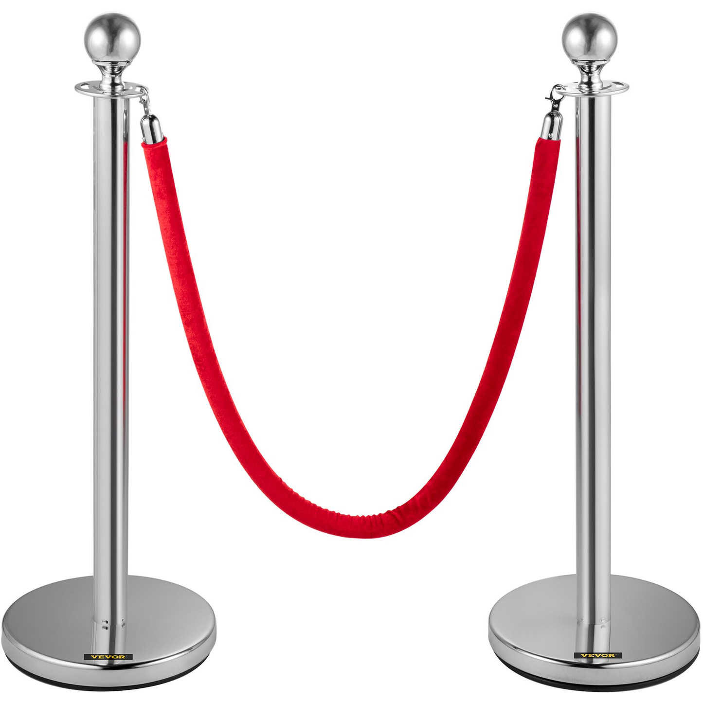 VEVOR Crowd Control Stanchion, Set of 8 Pieces Stanchion Set, Stanchion Set with 5 ft/1.5 m Red Velvet Rope, Silver Crowd Control Barrier w/ Sturdy Concrete and Metal Base – Easy Connect Assembly