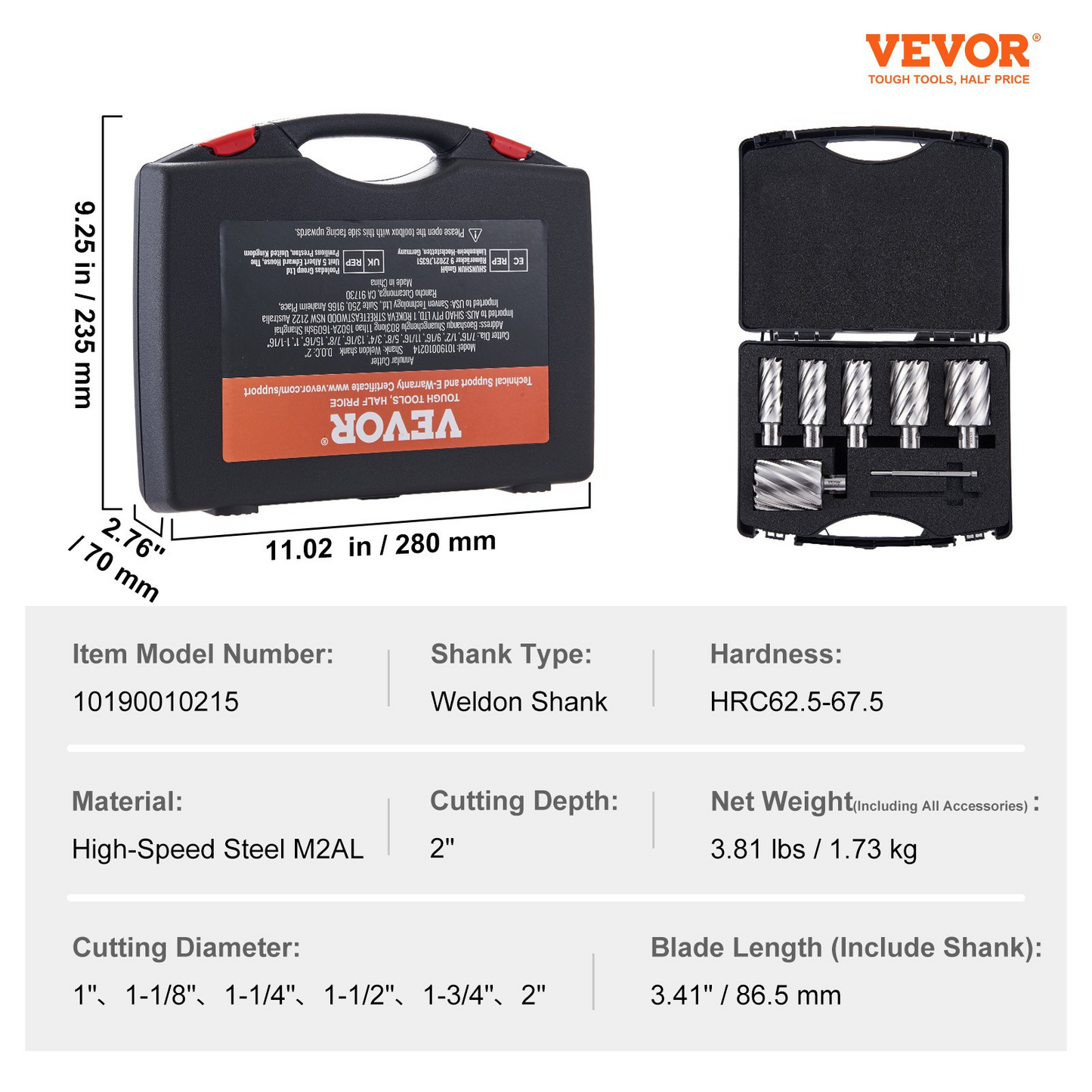 VEVOR Annular Cutter Set, 6 pcs Weldon Shank Mag Drill Bits, 1" to 2" Cutting Diameter, 2" Cutting Depth, M2AL High-Speed Steel, with 2 Pilot Pins and Portable Case, for Using with Magnetic Drills