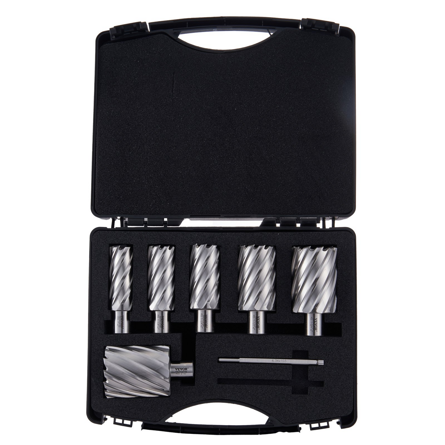 VEVOR Annular Cutter Set, 6 pcs Weldon Shank Mag Drill Bits, 1" to 2" Cutting Diameter, 2" Cutting Depth, M2AL High-Speed Steel, with 2 Pilot Pins and Portable Case, for Using with Magnetic Drills