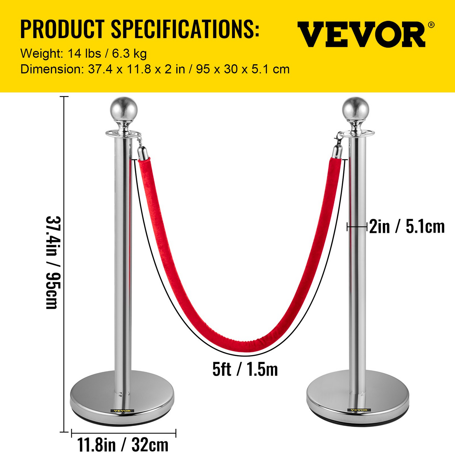 VEVOR 6 PCS Silver Stanchions Posts Stainless Steel Stanchion Queue Post Red Rope Retractable 38In for Both Indoor and Outdoor use.