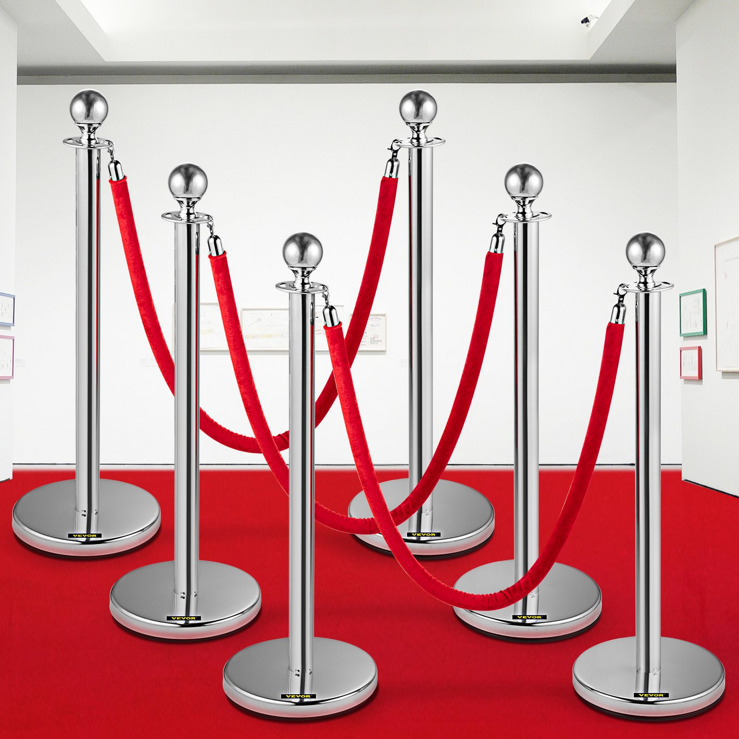 VEVOR 6 PCS Silver Stanchions Posts Stainless Steel Stanchion Queue Post Red Rope Retractable 38In for Both Indoor and Outdoor use.