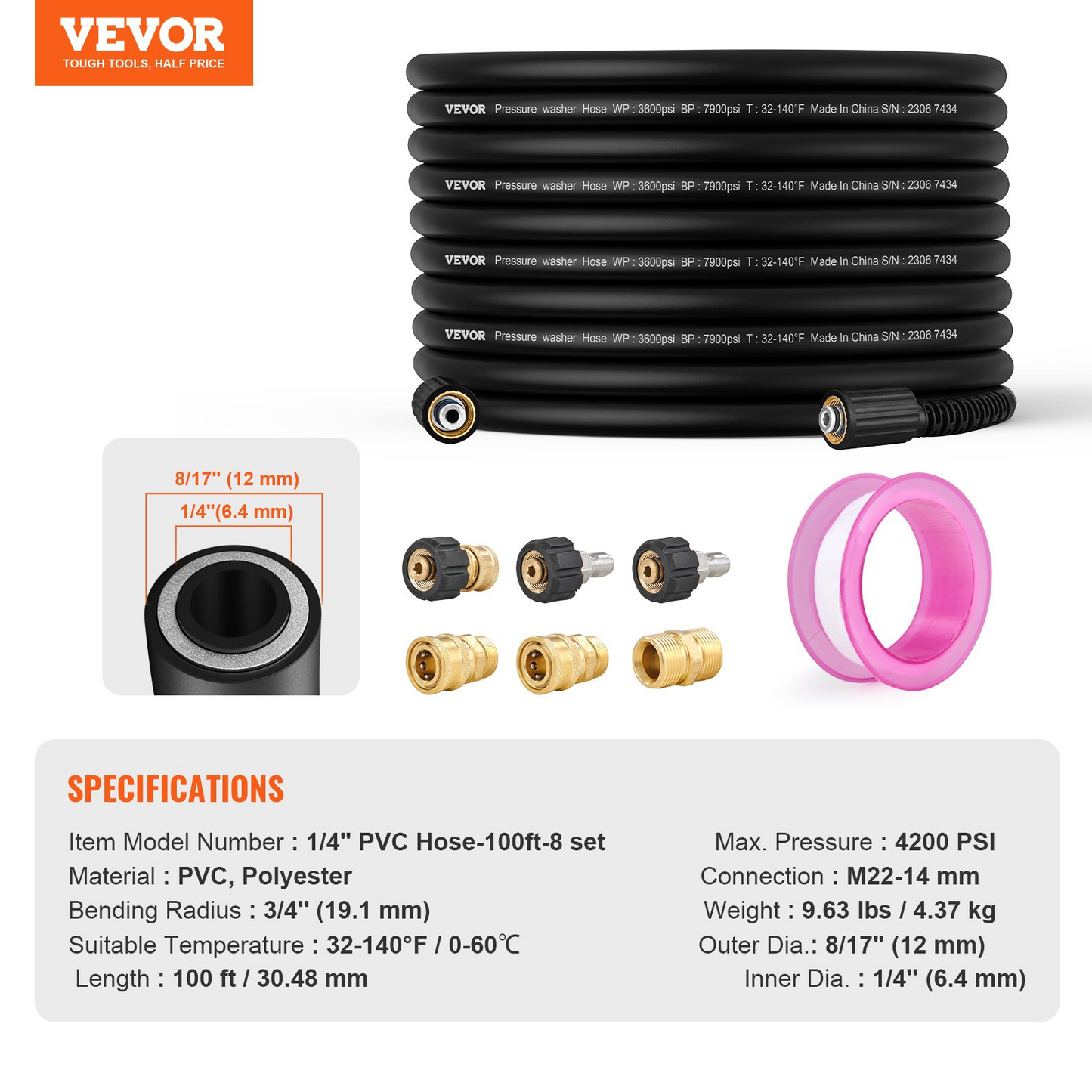 VEVOR Pressure Washer Hose, 100FT, 1/4" Kink Free M22-14mm Brass Thread Replacement For Most Brand Pressure Washers, 3/4'' Bending Radius, 4200 PSI Heavy Duty Power Washer Extension Replacement Hose