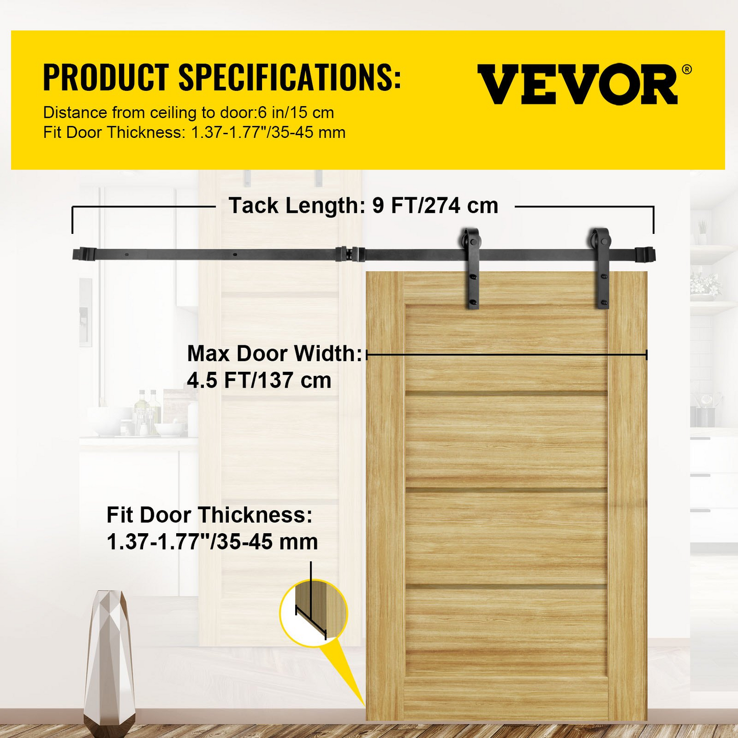 VEVOR Sliding Barn Door Hardware Kit, 9FT Barn Door Kit, 330LBS Load-Bearing Double Barn Door Hardware Kit, Carbon Steel Barn Door Track, Darn Door for 1.37-1.77" Thickness & 4.5FT Wide Door Panel