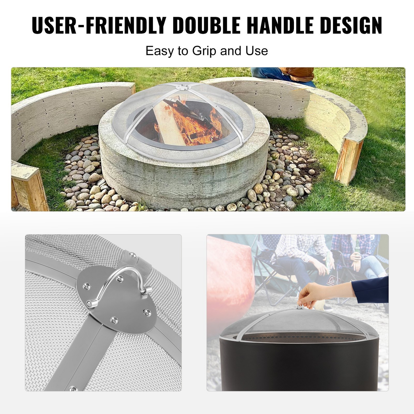 VEVOR Fire Pit Spark Screen Round 30", Reinforced Heavy Duty Steel Metal Cover, Outdoor Firepit Lid, Easy-Opening Top Screen Covers Round with Ring Handle for Outdoor Patio Fire Pits Backyard