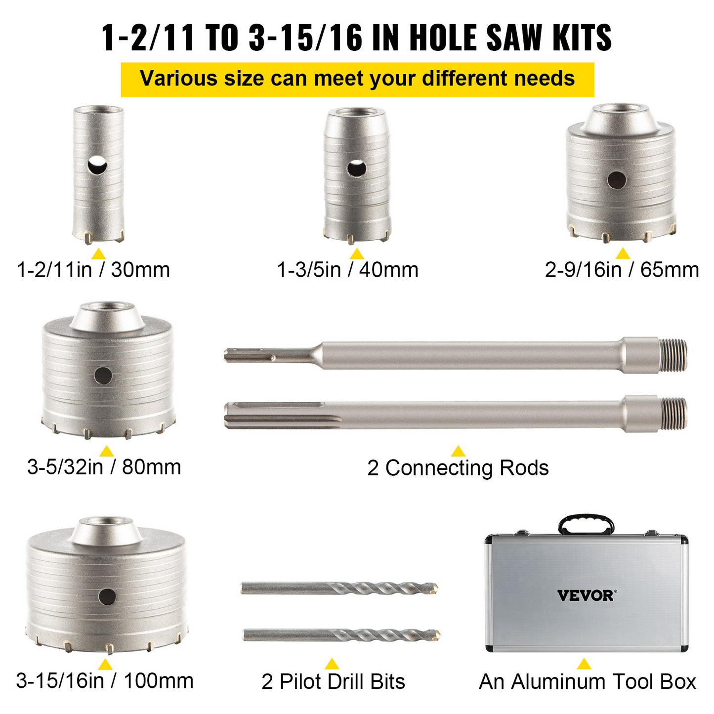 VEVOR Concrete Hole Saw Kit, 1-2/11", 1-3/5", 2-9/16", 3-5/32", 3-15/16" Drill Bit Set SDS Plus & SDS MAX Shank Wall Hole Cutter w/a 4-1/3" Connecting Rod for Concrete, Cement, Stone Wall, Masonry